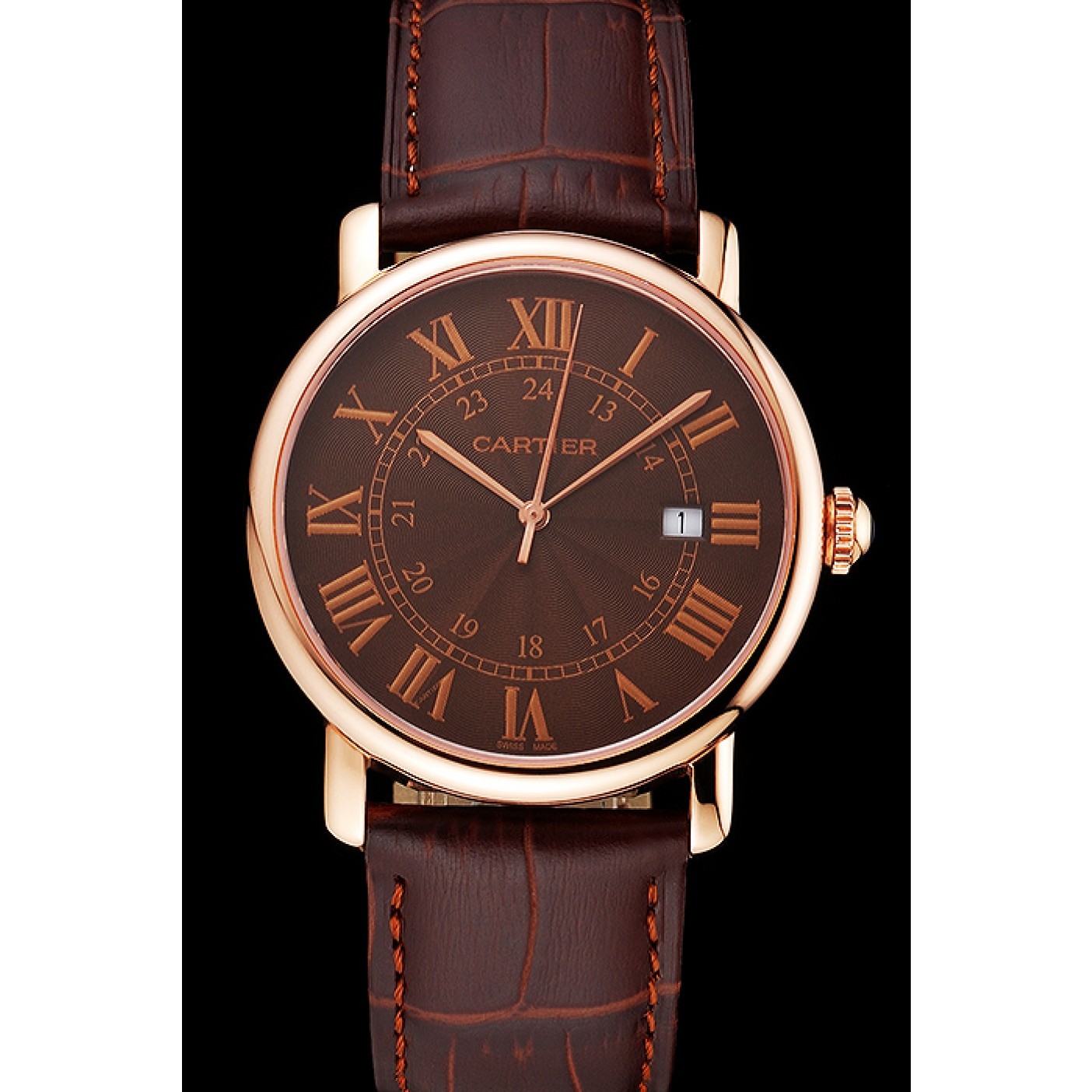 Cheap Cartier Ronde Solo Brown Dial Rose Gold Case Brown Leather Strap