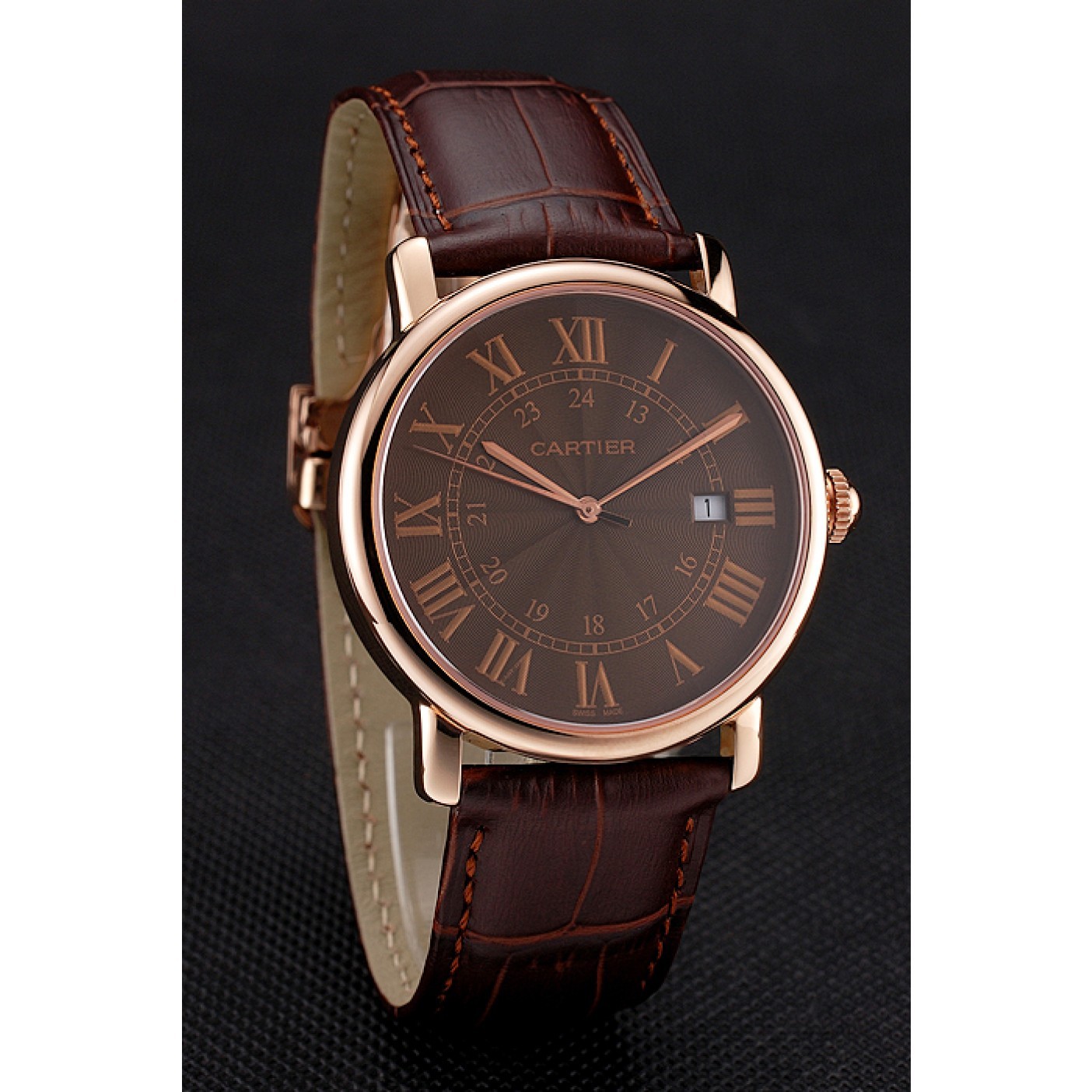 Cheap Cartier Ronde Solo Brown Dial Rose Gold Case Brown Leather Strap