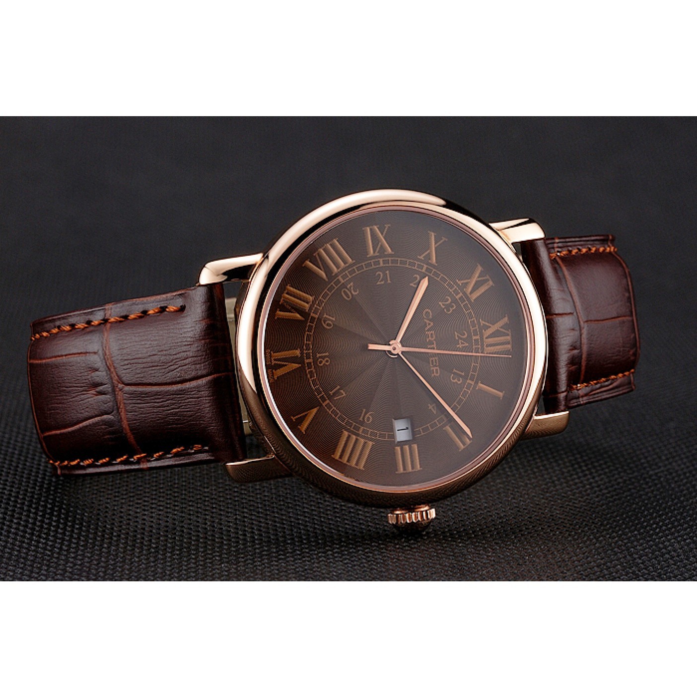 Cheap Cartier Ronde Solo Brown Dial Rose Gold Case Brown Leather Strap