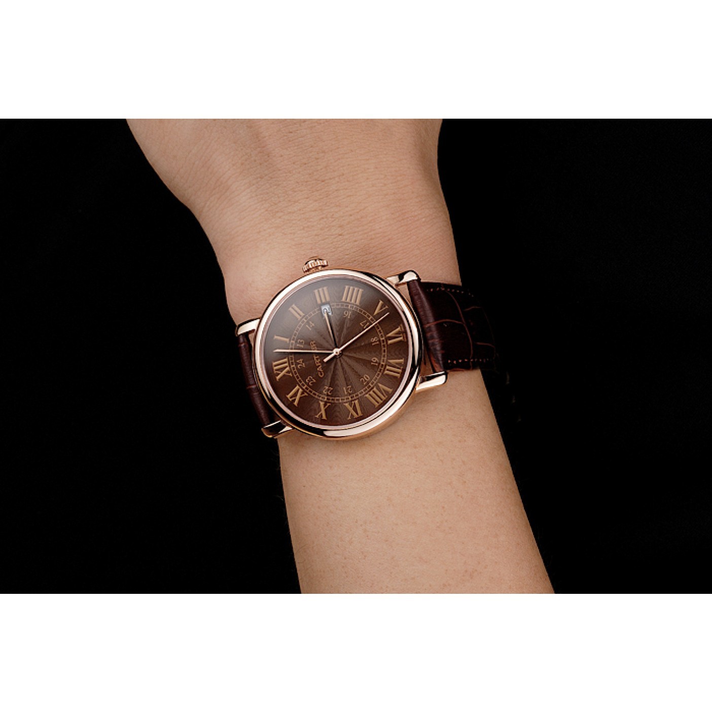 Cheap Cartier Ronde Solo Brown Dial Rose Gold Case Brown Leather Strap