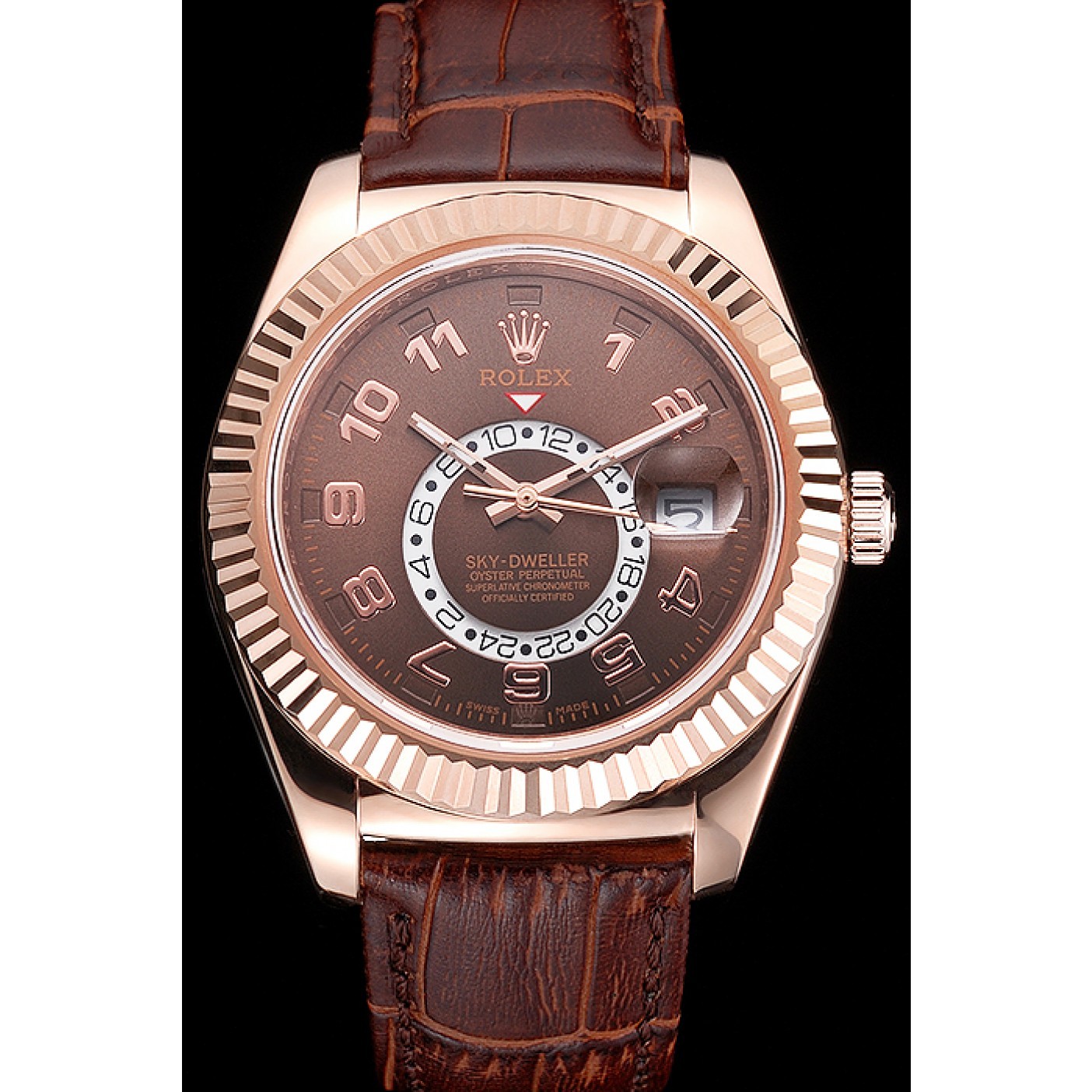 Affordable Rolex Sky Dweller Brown Dial Rose Gold Case Brown Leather Strap