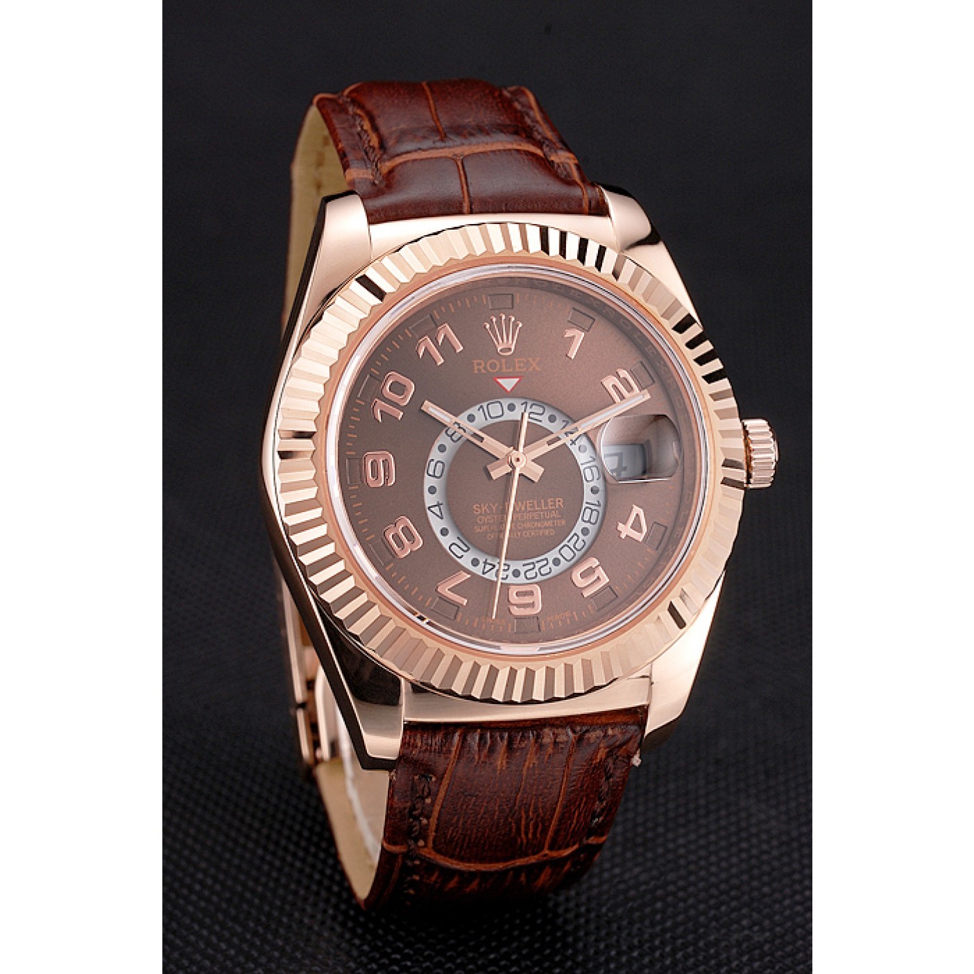 Rolex Sky Dweller Brown Dial Rose Gold Case Brown Leather Strap