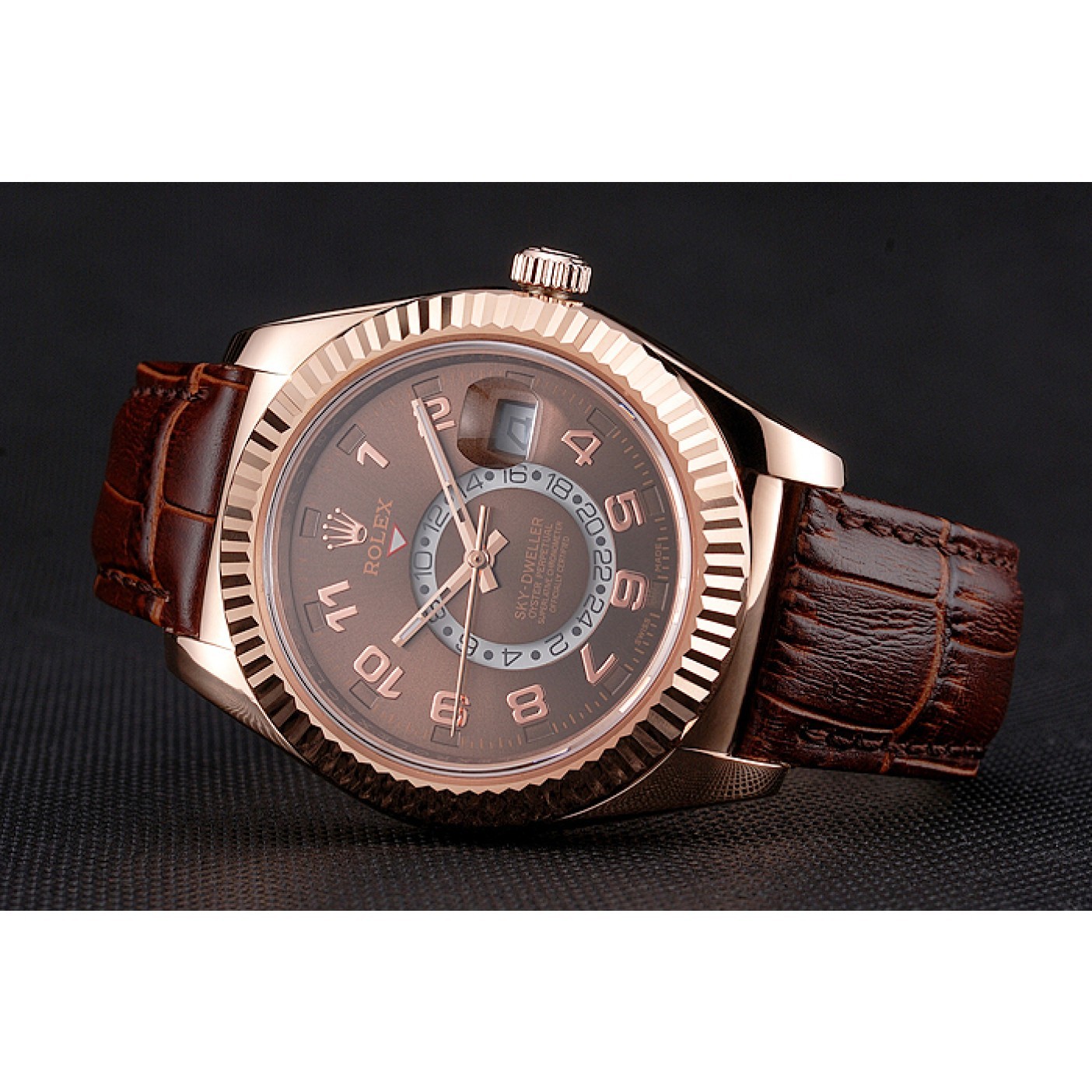 Affordable Rolex Sky Dweller Brown Dial Rose Gold Case Brown Leather Strap