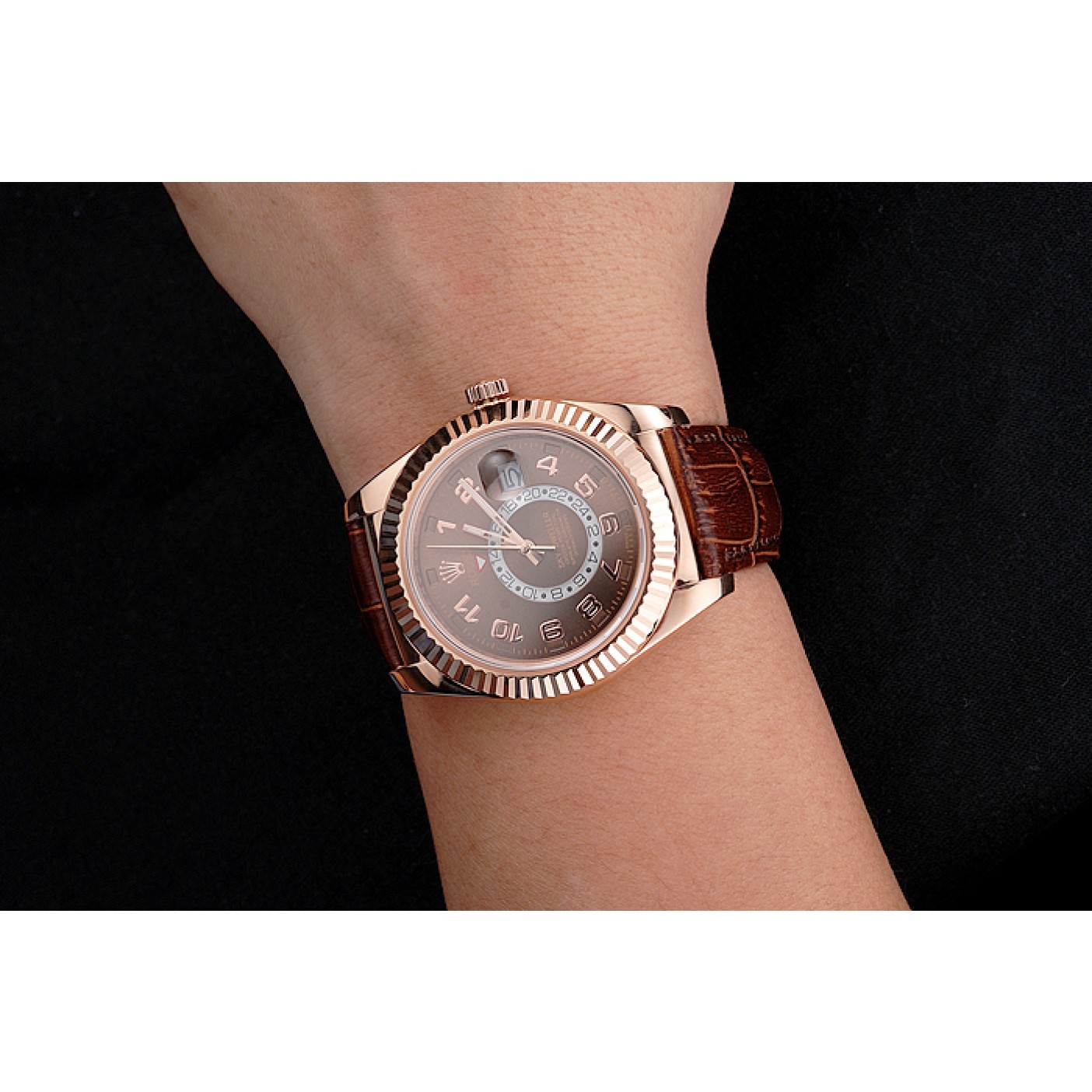 Affordable Rolex Sky Dweller Brown Dial Rose Gold Case Brown Leather Strap