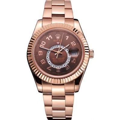 Affordable Rolex Sky Dweller Brown Dial Rose Gold Case Brown Leather Strap