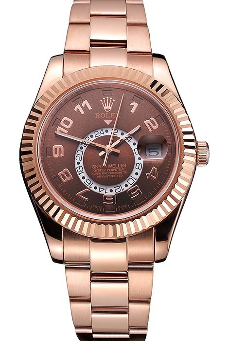 Affordable Rolex Sky Dweller Brown Dial Rose Gold Case Brown Leather Strap