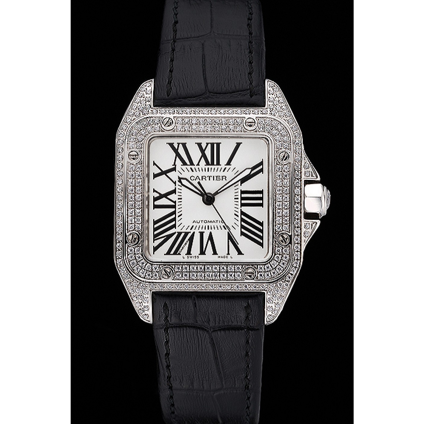 Cheap Swiss Cartier Santos Dumont Diamond Case White Dial Roman Numerals Black Leather Bracelet 622652