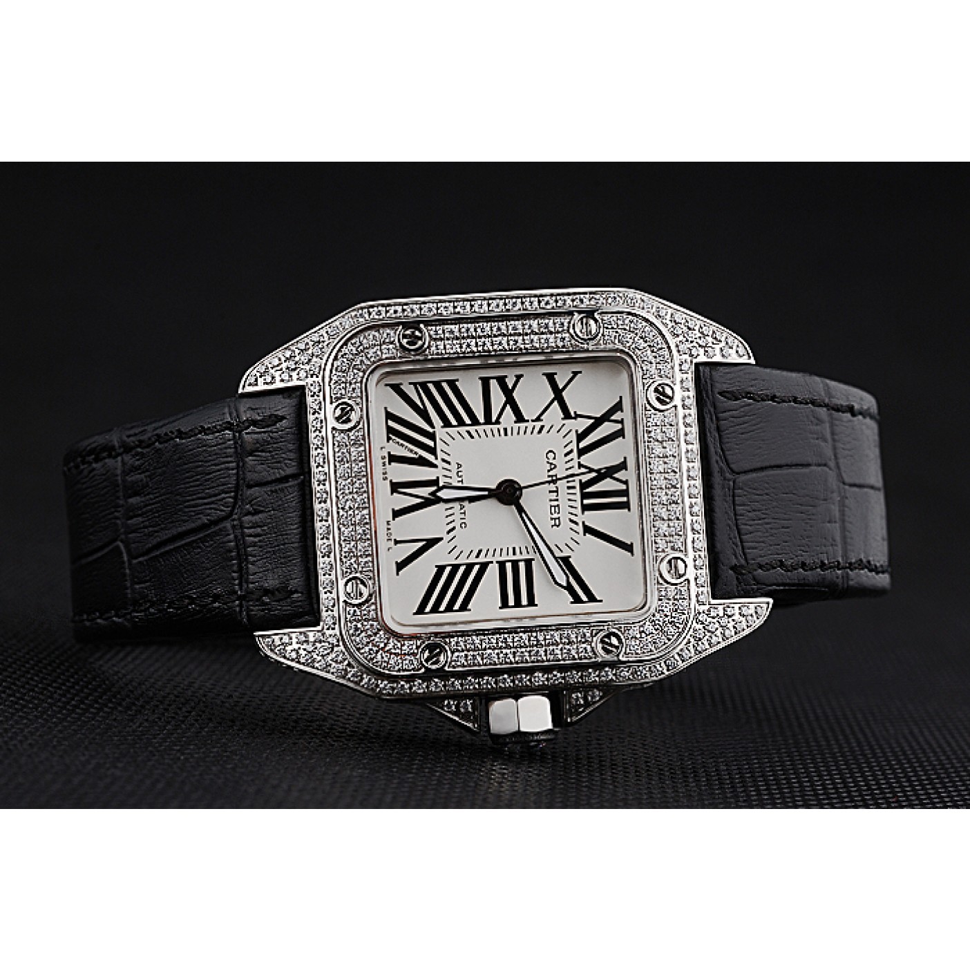 Cheap Swiss Cartier Santos Dumont Diamond Case White Dial Roman Numerals Black Leather Bracelet 622652