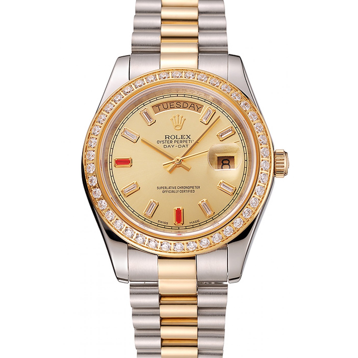 RepTime Watches Swiss Rolex Day-Date Diamonds And Rubies Champagne Dial Two Tone Bracelet 1454104