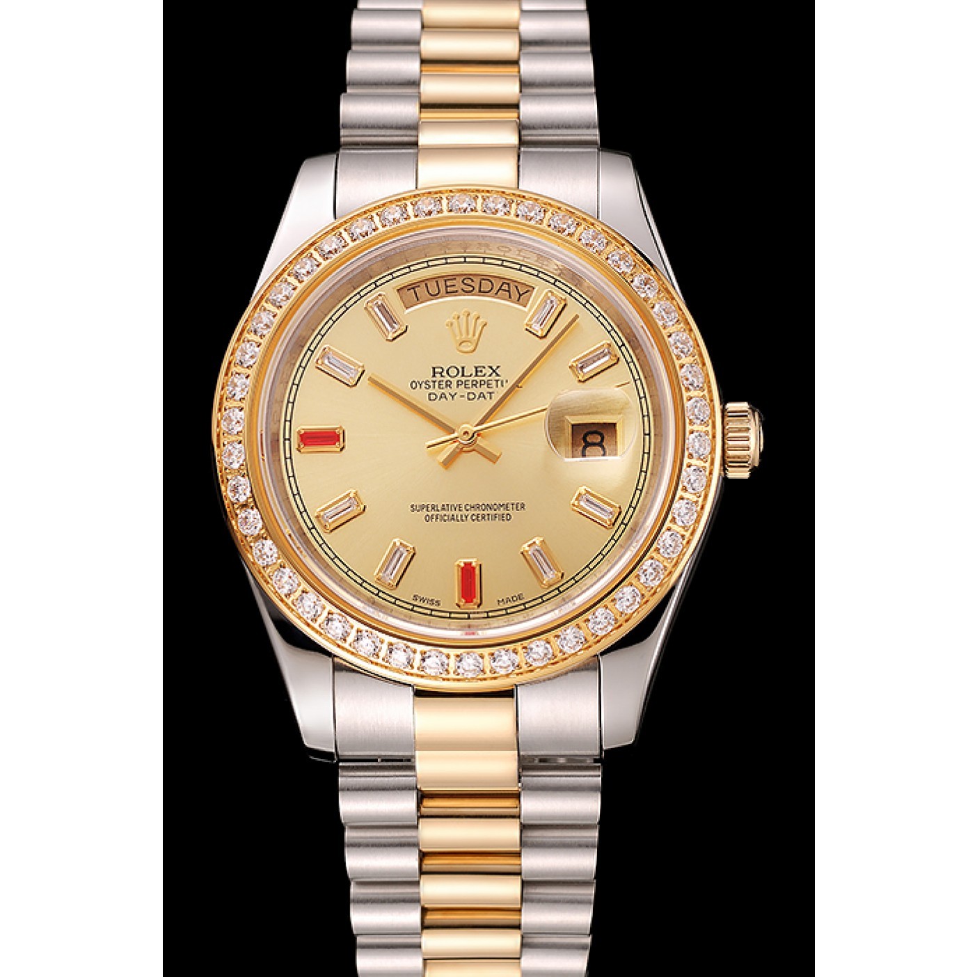 RepTime Watches Swiss Rolex Day-Date Diamonds And Rubies Champagne Dial Two Tone Bracelet 1454104