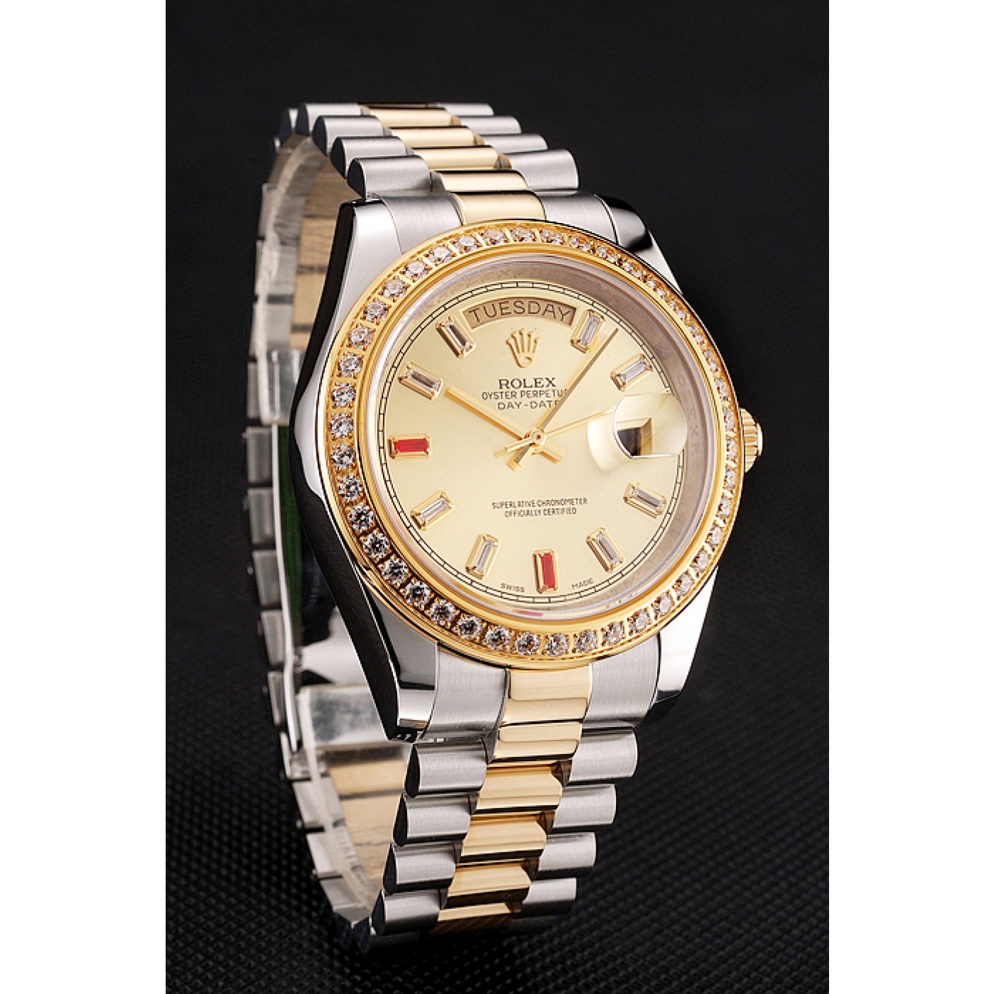 Swiss Rolex Day-Date Diamonds And Rubies Champagne Dial Two Tone Bracelet 1454104