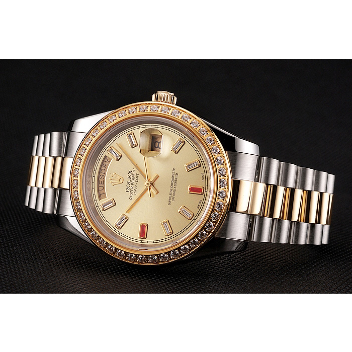 RepTime Watches Swiss Rolex Day-Date Diamonds And Rubies Champagne Dial Two Tone Bracelet 1454104