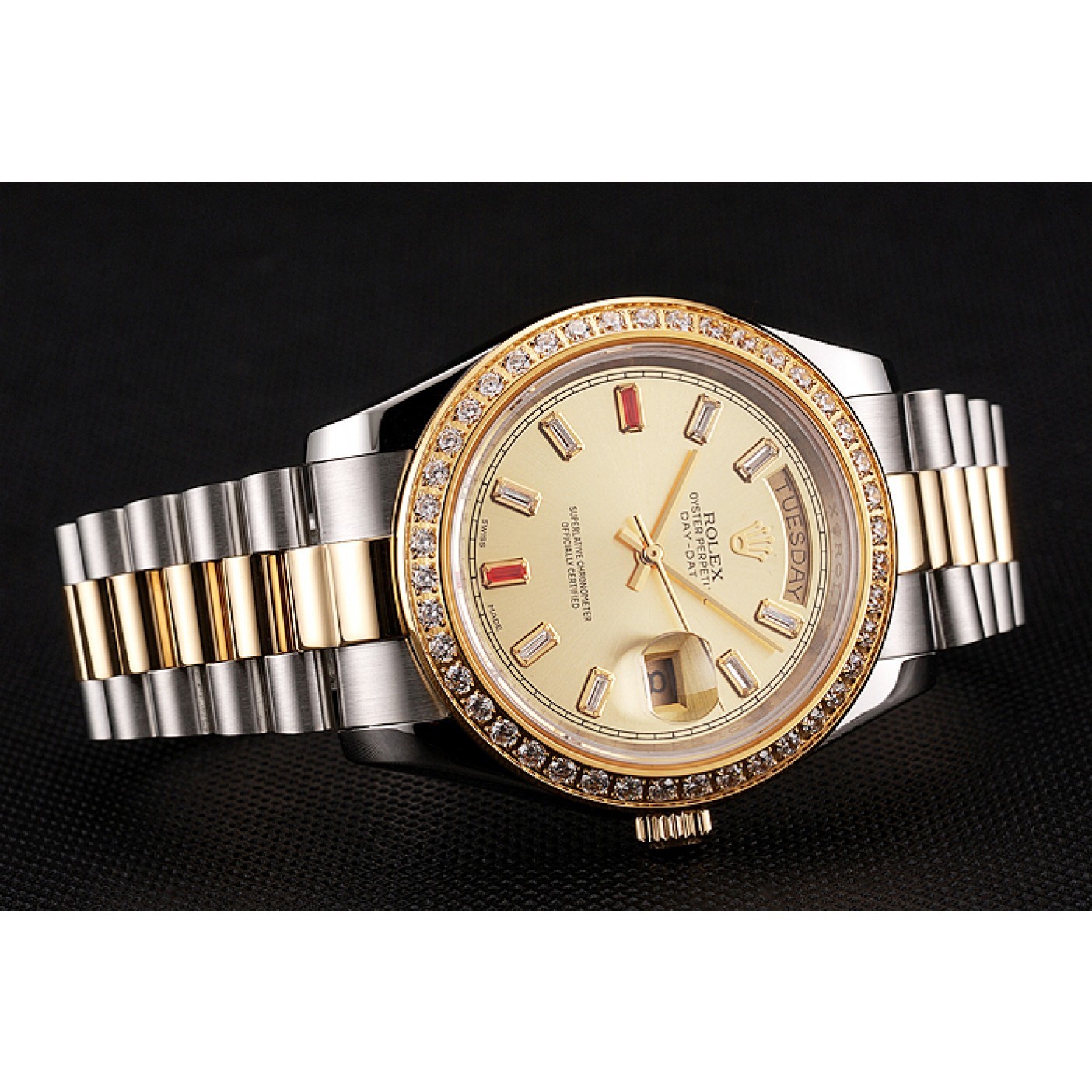 RepTime Watches Swiss Rolex Day-Date Diamonds And Rubies Champagne Dial Two Tone Bracelet 1454104