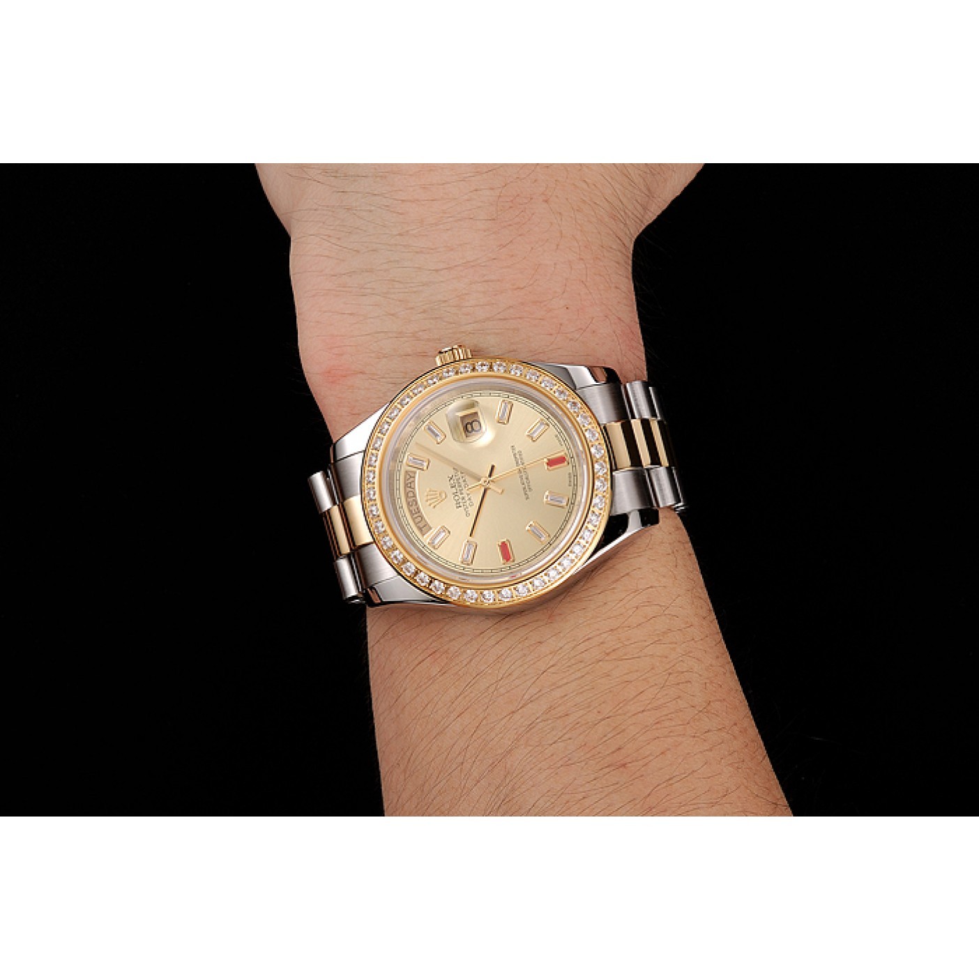 RepTime Watches Swiss Rolex Day-Date Diamonds And Rubies Champagne Dial Two Tone Bracelet 1454104