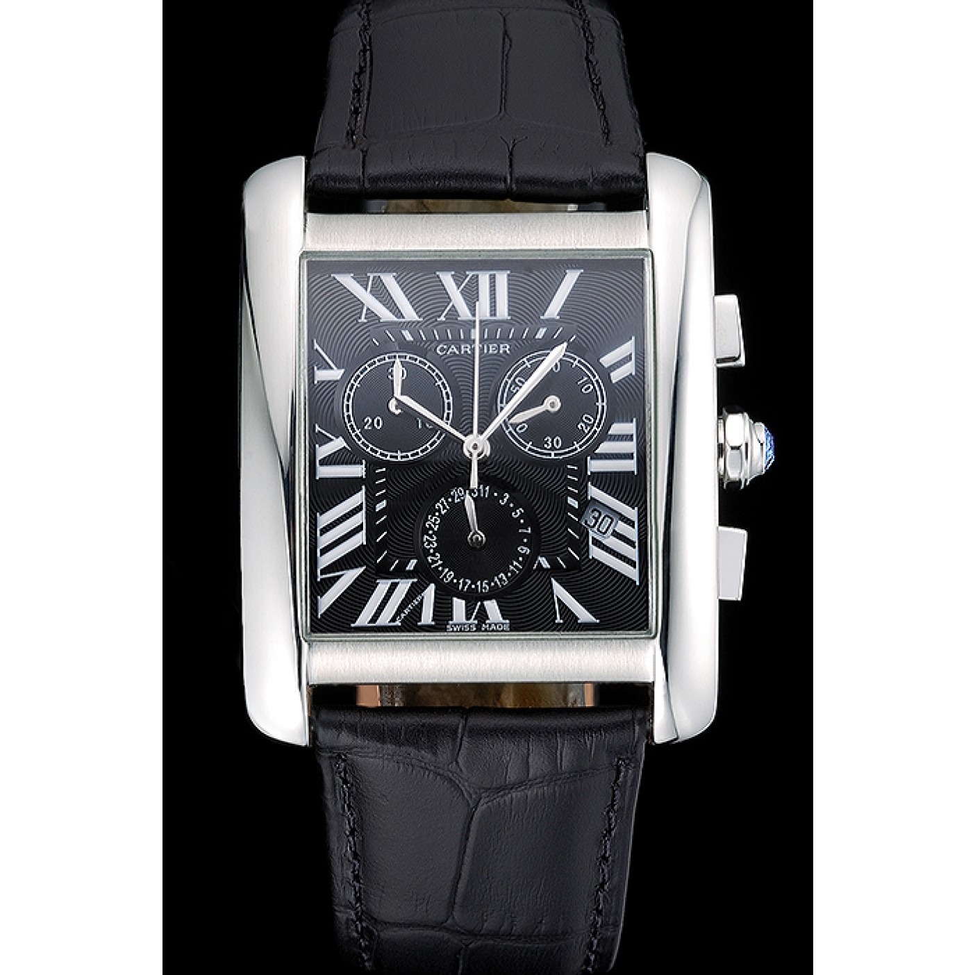 Cheap Cartier Tank MC Black Dial Stainless Steel Case Black Leather Bracelet 622690