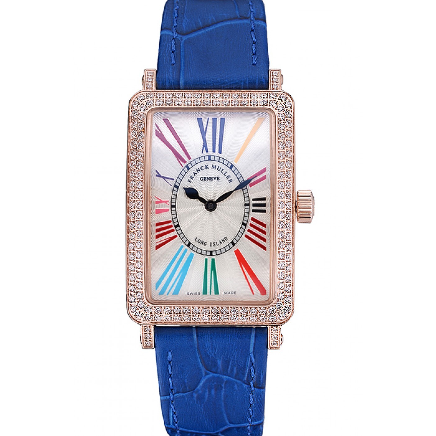 Franck Muller Long Island Classic White Dial Diamonds Case Blue Leather Band 622376