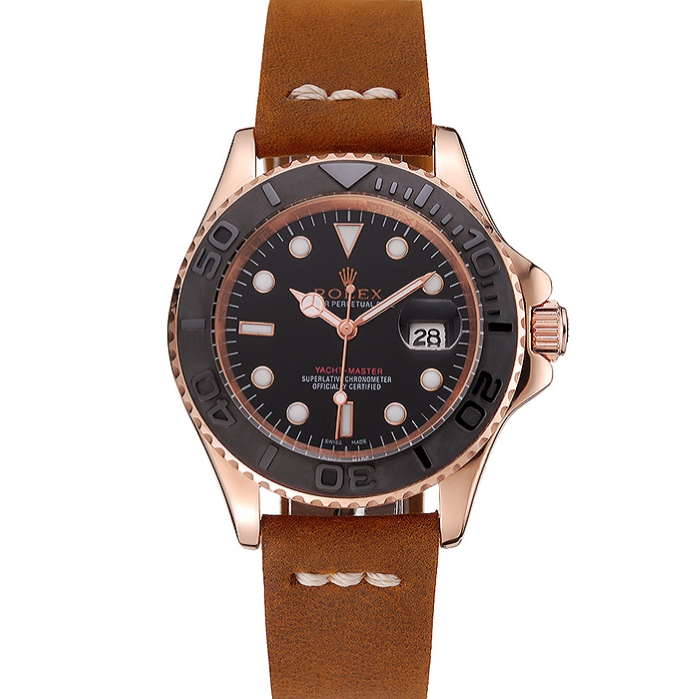 RepTime Watches Rolex Yacht Master Black Dial Rose Gold Case Brown Leather Bracelet 1453861