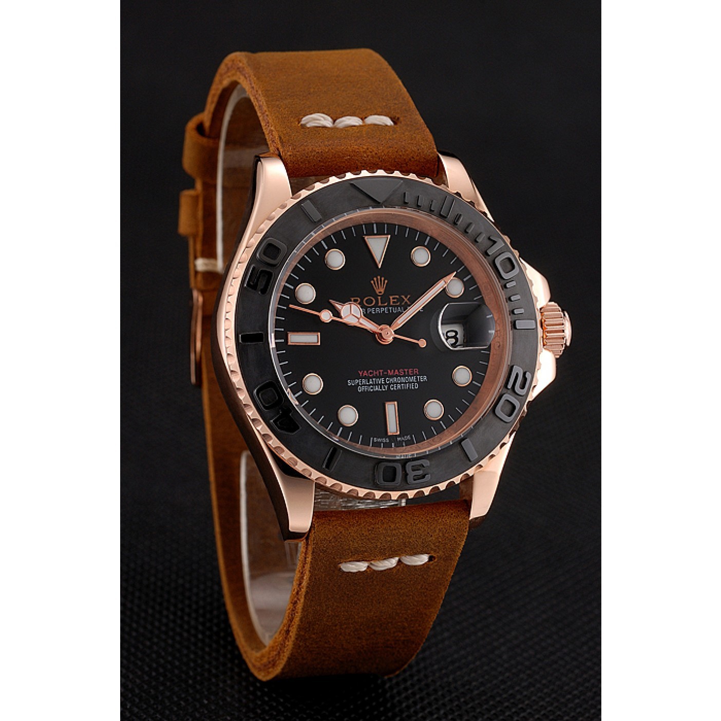 Rolex Yacht Master Black Dial Rose Gold Case Brown Leather Bracelet 1453861