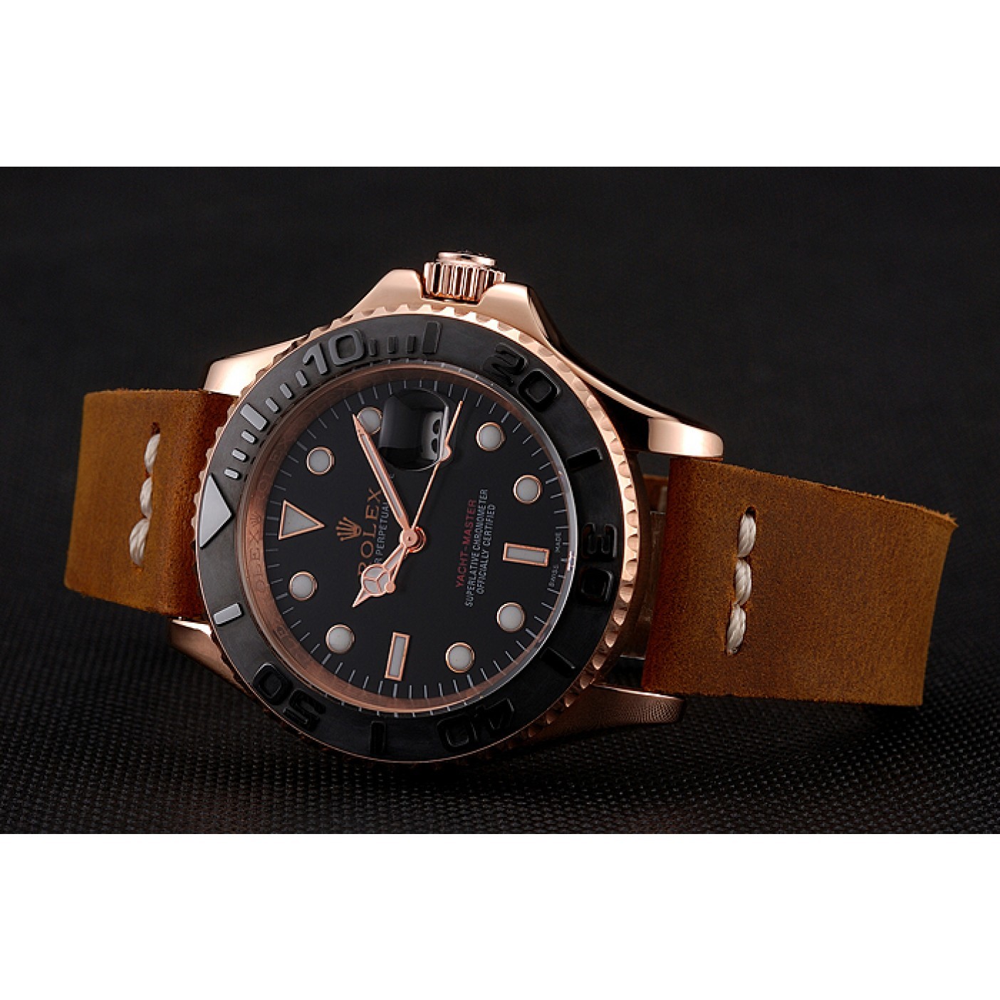 RepTime Watches Rolex Yacht Master Black Dial Rose Gold Case Brown Leather Bracelet 1453861