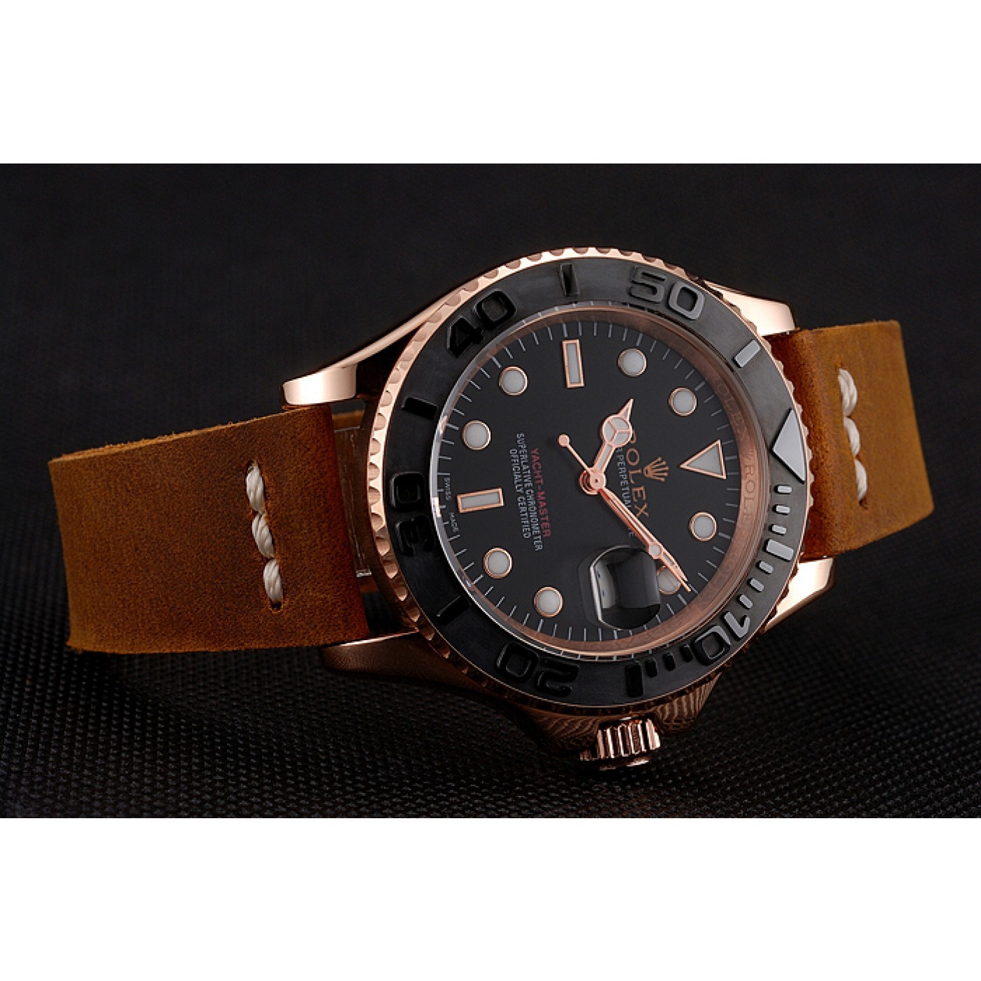 RepTime Watches Rolex Yacht Master Black Dial Rose Gold Case Brown Leather Bracelet 1453861