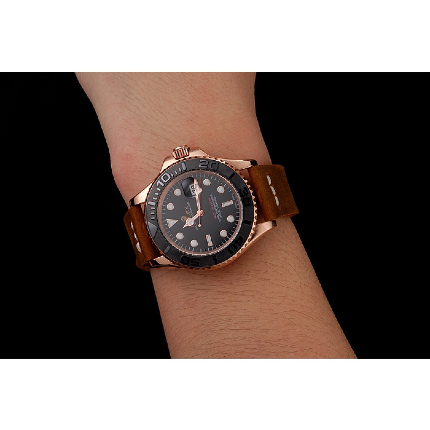 RepTime Watches Rolex Yacht Master Black Dial Rose Gold Case Brown Leather Bracelet 1453861