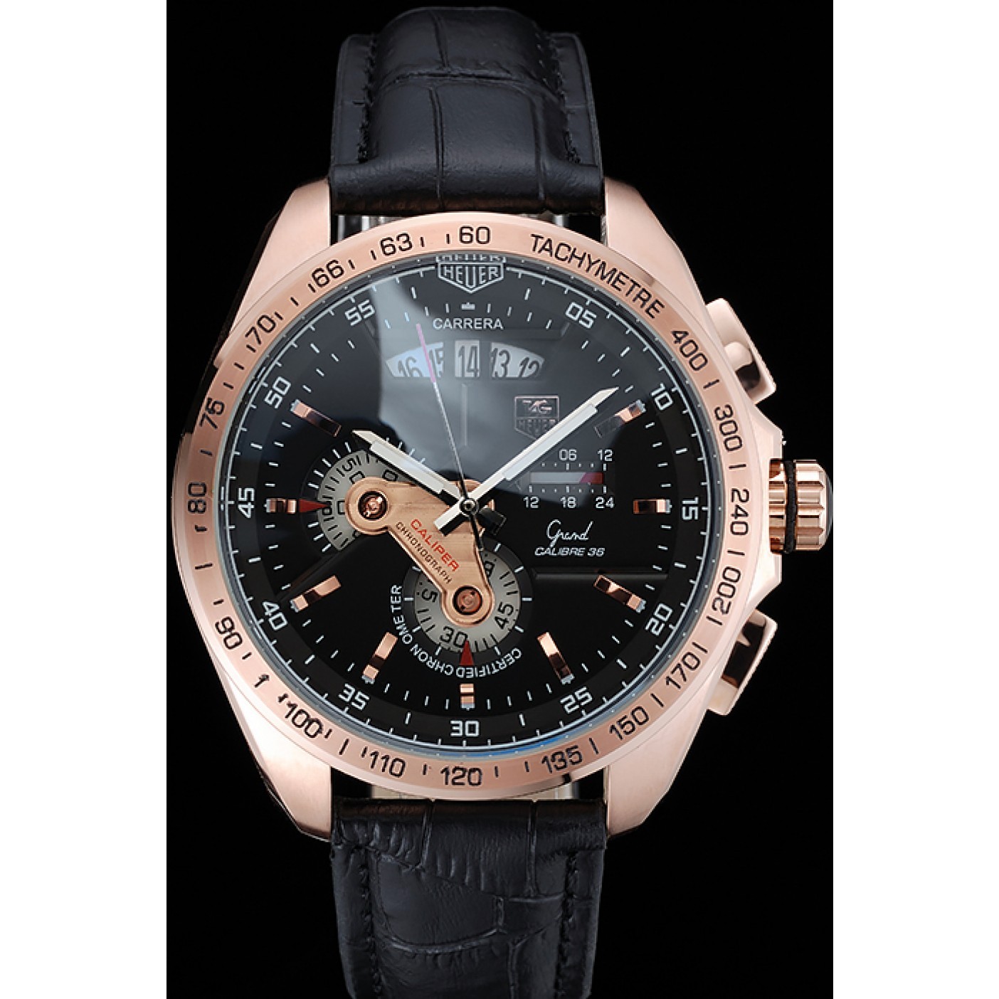 Tag Heuer Carrera Rose Gold Bezel with Black Dial and Black Leather Strap 621538