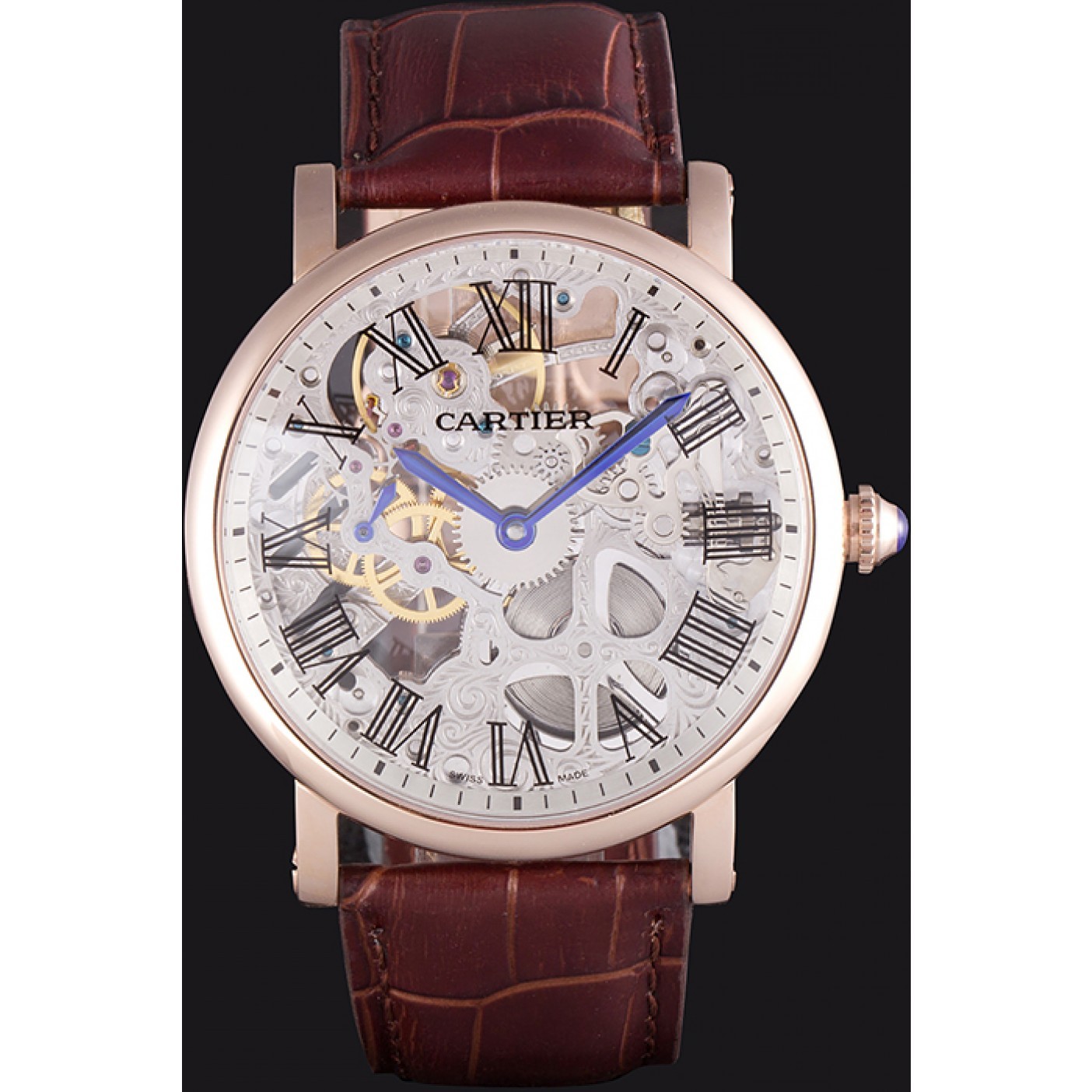 Affordable Cartier Luxury Skeleton Watch with Rose Gold Bezel and Brown Leather Band 621557