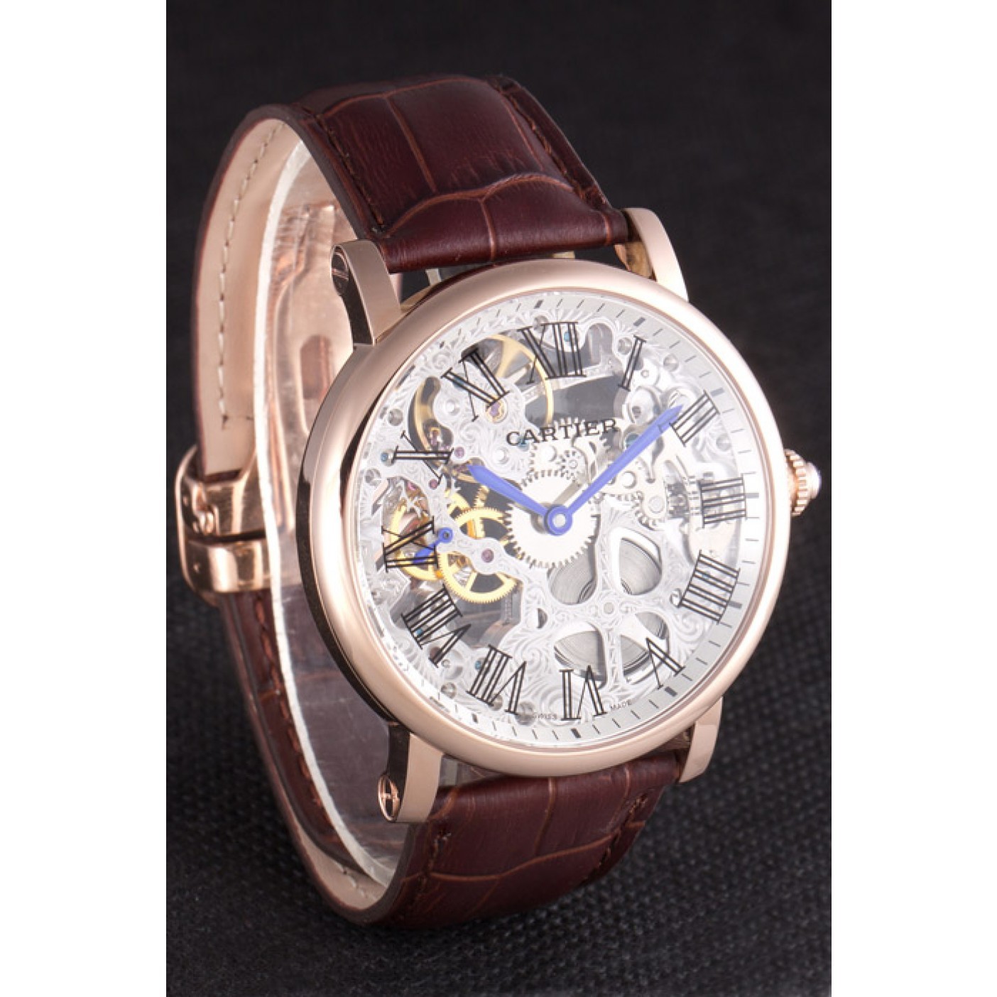 Affordable Cartier Luxury Skeleton Watch with Rose Gold Bezel and Brown Leather Band 621557