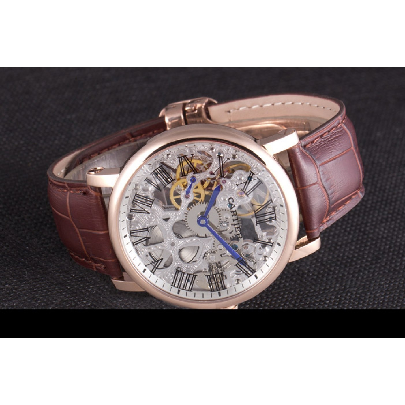 Affordable Cartier Luxury Skeleton Watch with Rose Gold Bezel and Brown Leather Band 621557