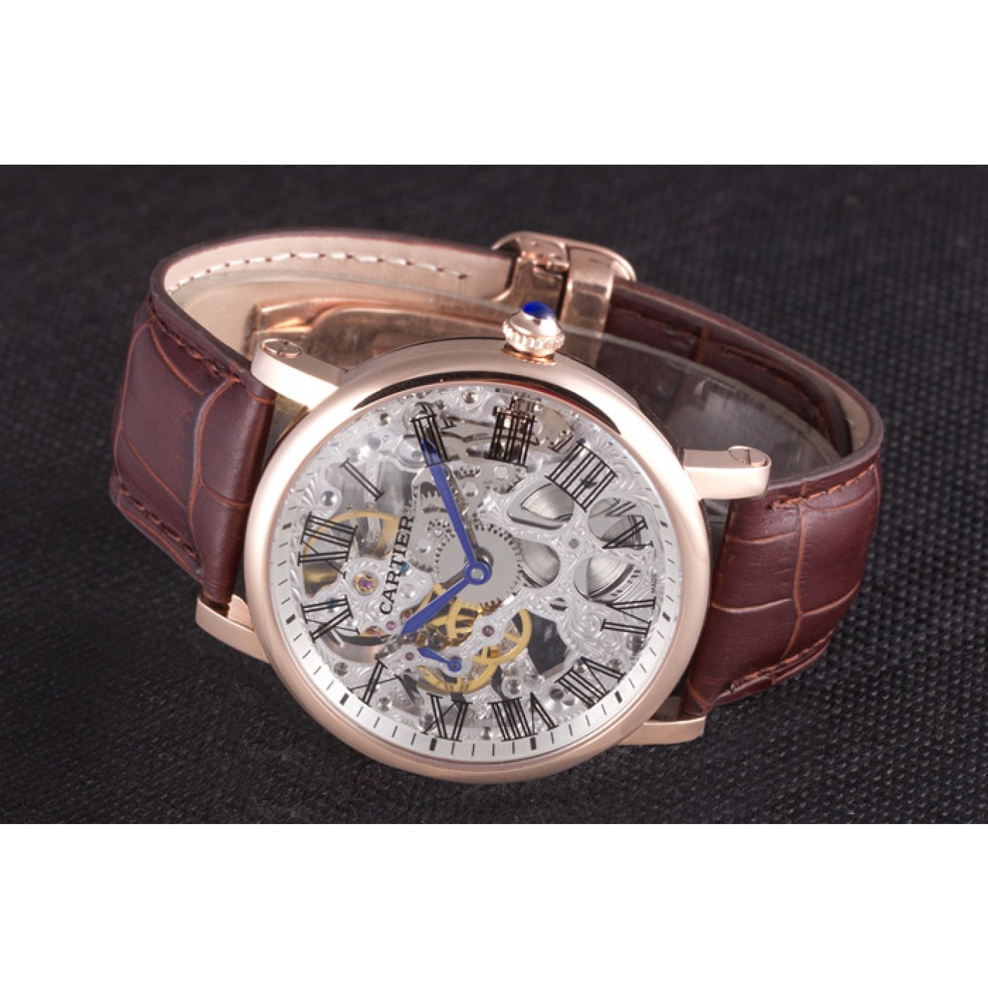 Affordable Cartier Luxury Skeleton Watch with Rose Gold Bezel and Brown Leather Band 621557