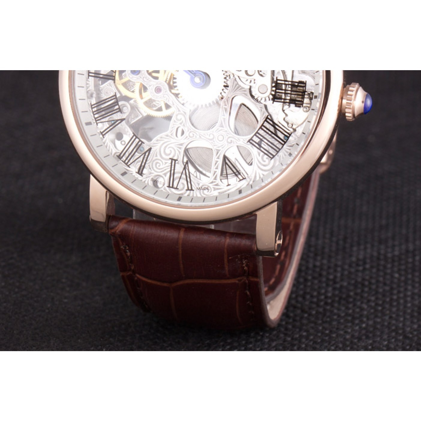 Affordable Cartier Luxury Skeleton Watch with Rose Gold Bezel and Brown Leather Band 621557