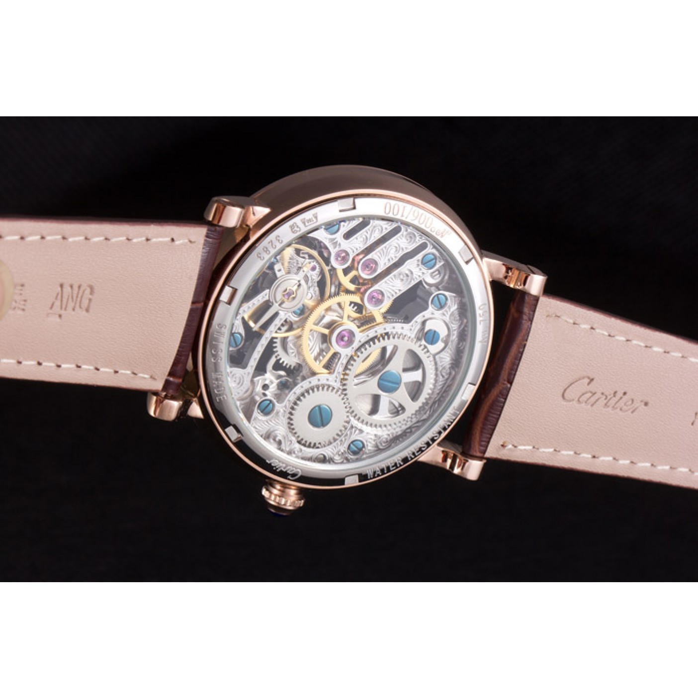 Affordable Cartier Luxury Skeleton Watch with Rose Gold Bezel and Brown Leather Band 621557