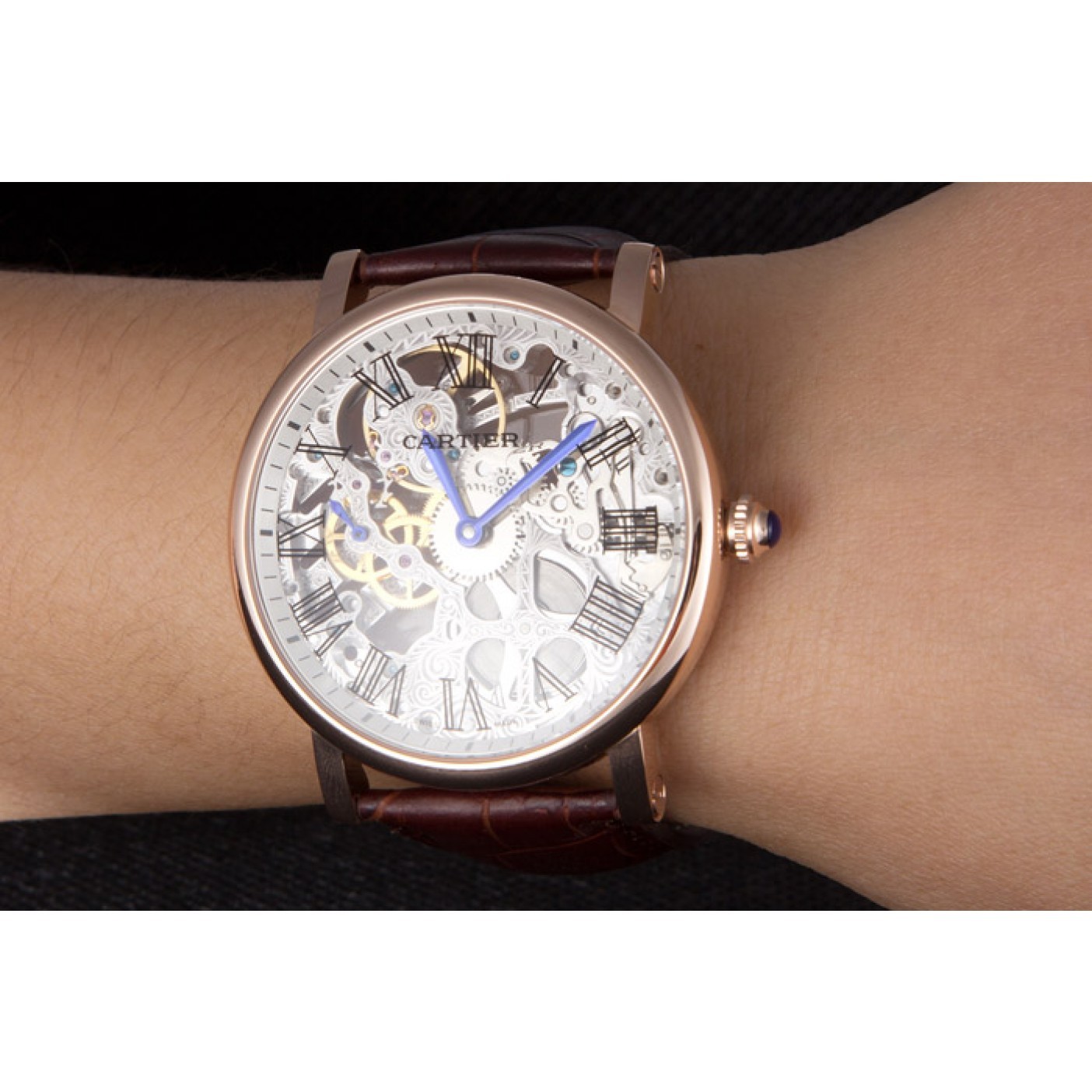 Affordable Cartier Luxury Skeleton Watch with Rose Gold Bezel and Brown Leather Band 621557