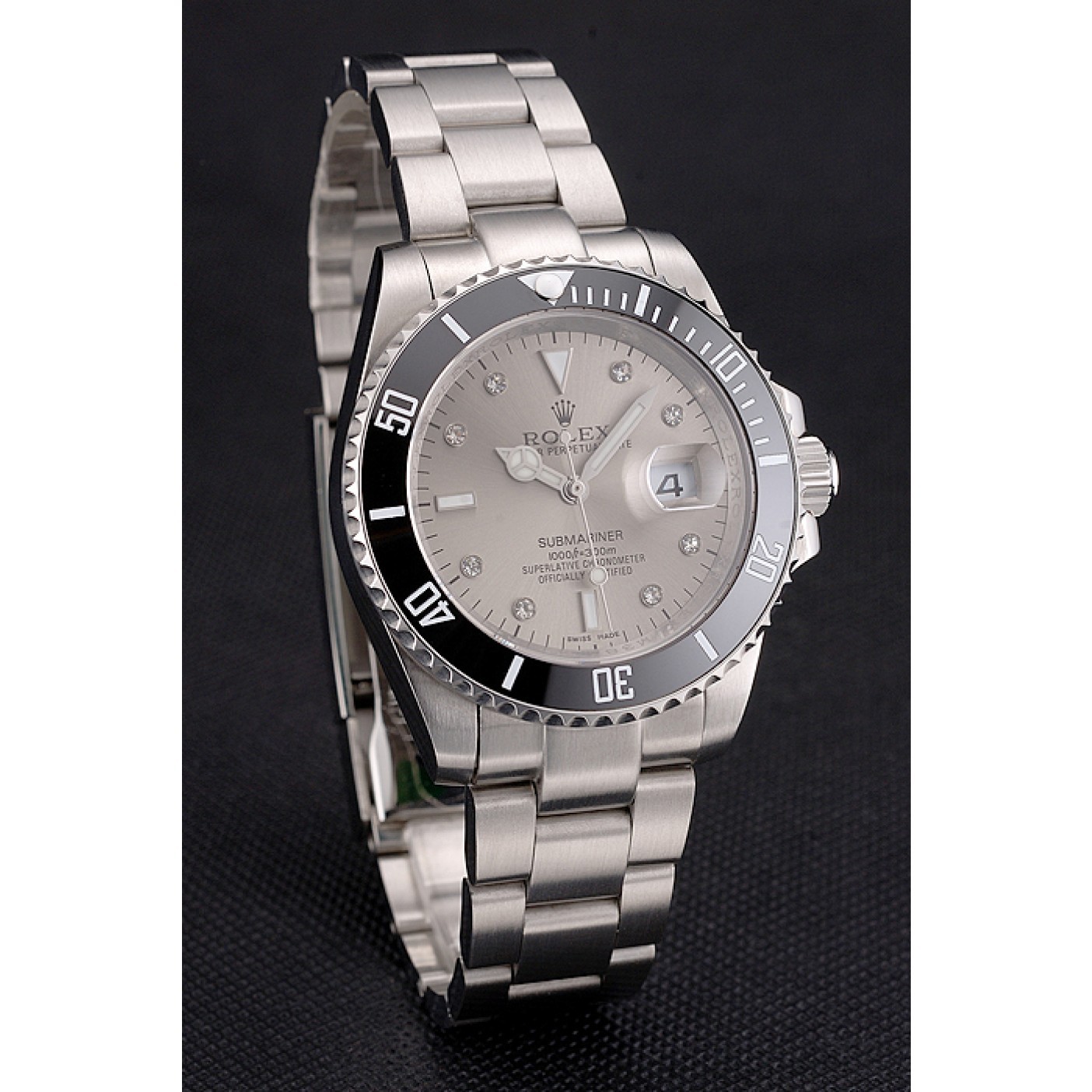 Swiss Rolex Submariner Silver Dial Diamond Markings Black Bezel Stainless Steel Case And Bracelet