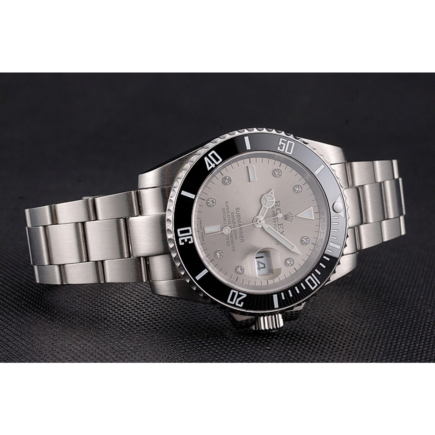 Swiss Rolex Submariner Silver Dial Diamond Markings Black Bezel Stainless Steel Case And Bracelet