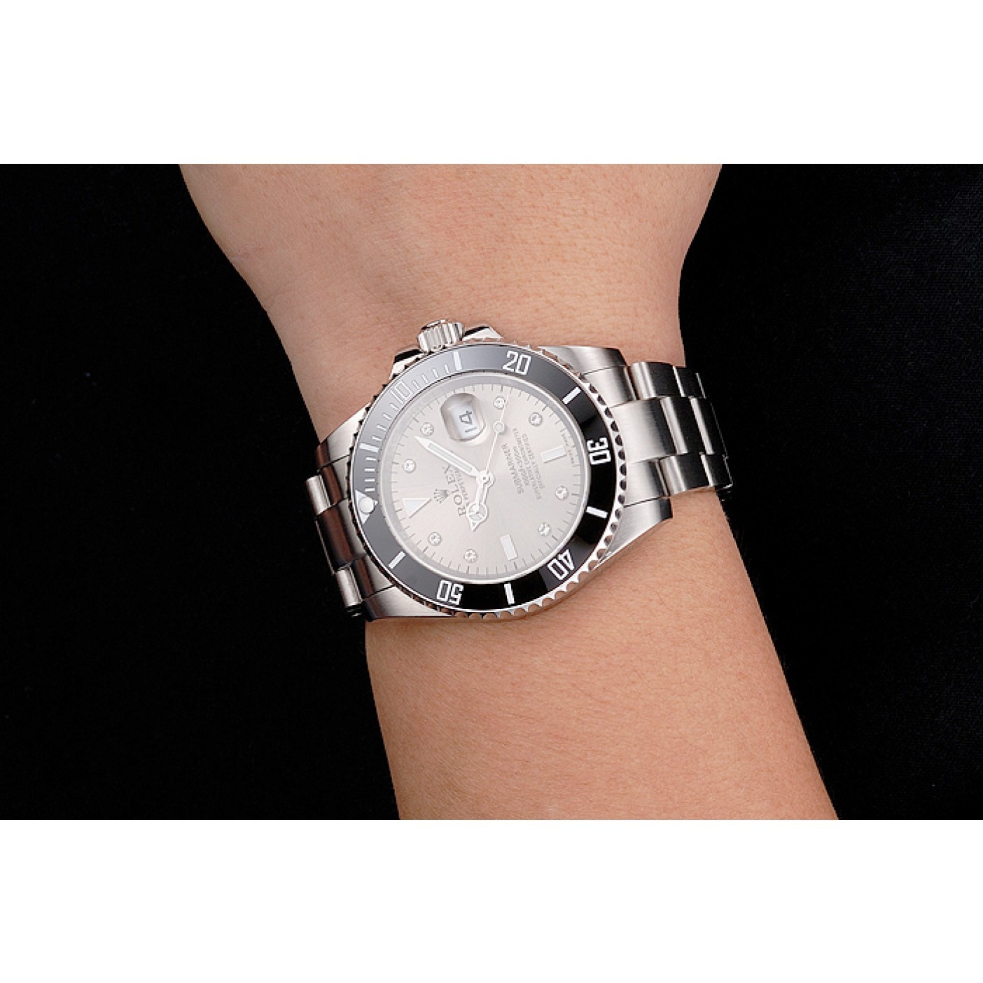 Swiss Rolex Submariner Silver Dial Diamond Markings Black Bezel Stainless Steel Case And Bracelet