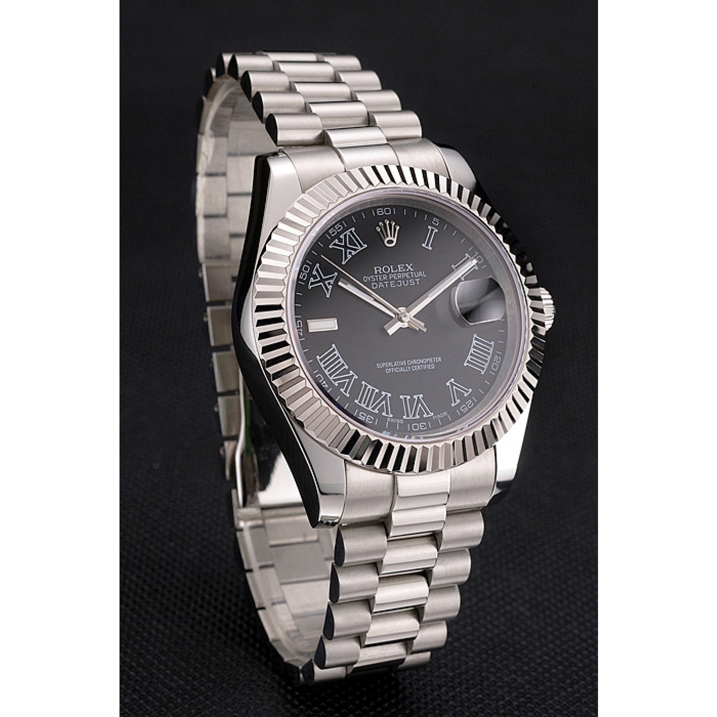 Swiss Rolex Datejust Black Dial Roman Numerals Stainless Steel Case And Bracelet