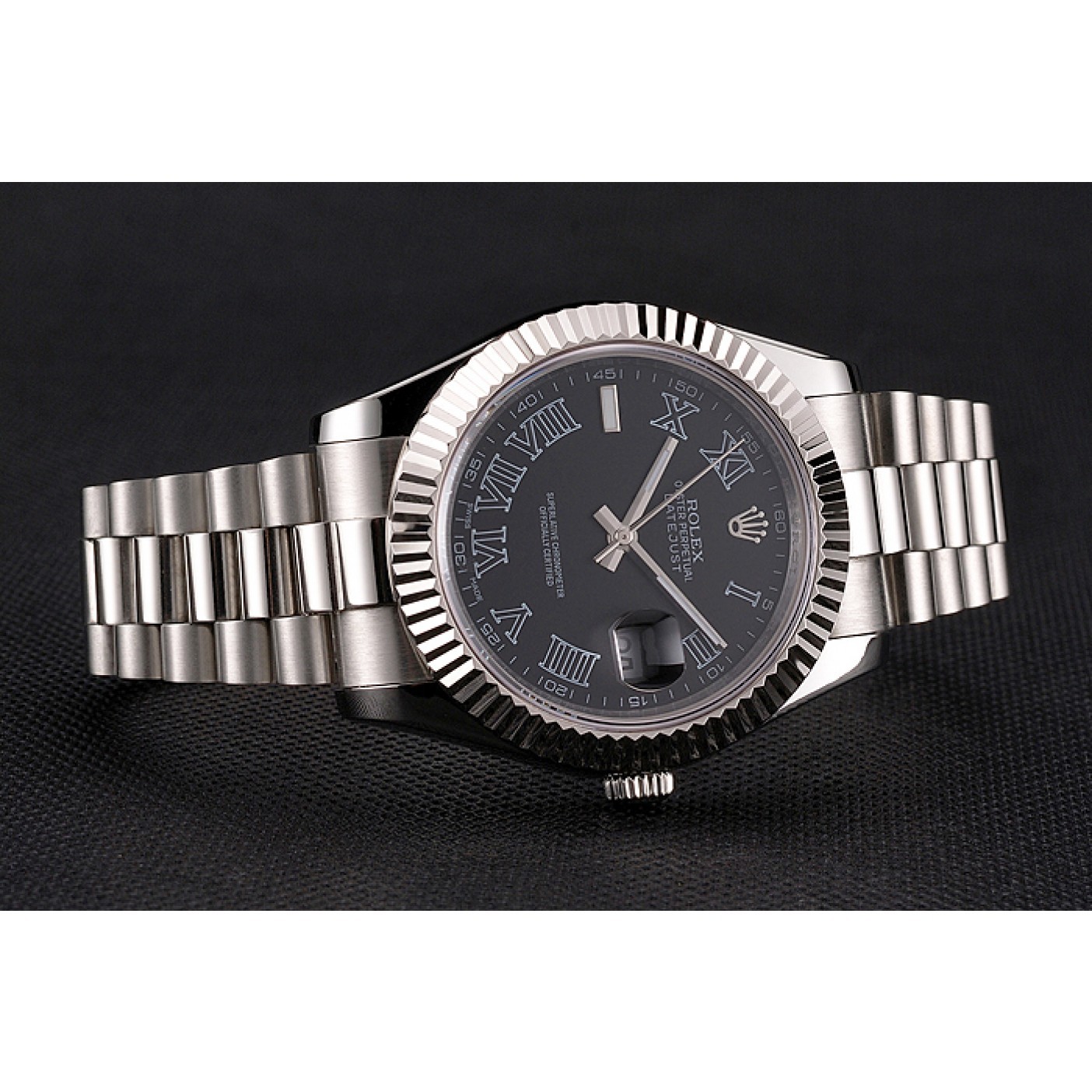 Swiss Rolex Datejust Black Dial Roman Numerals Stainless Steel Case And Bracelet