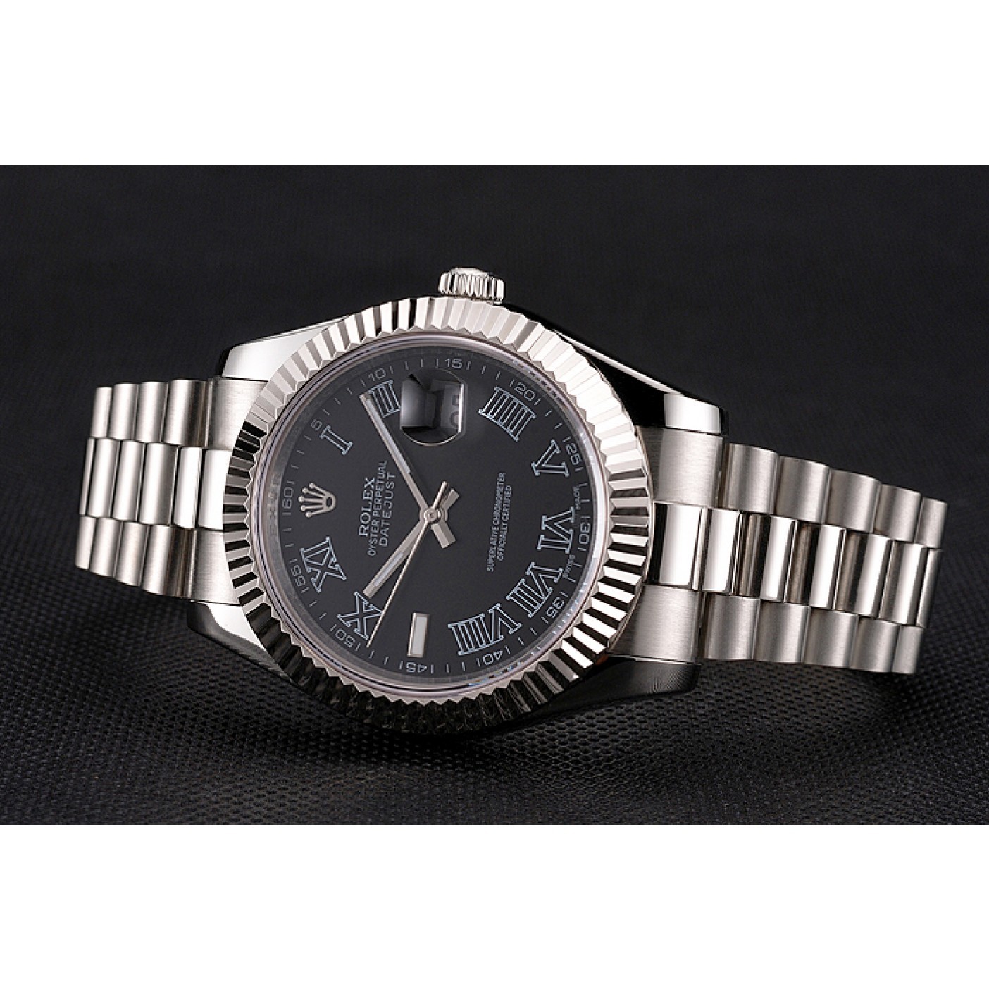 Swiss Rolex Datejust Black Dial Roman Numerals Stainless Steel Case And Bracelet