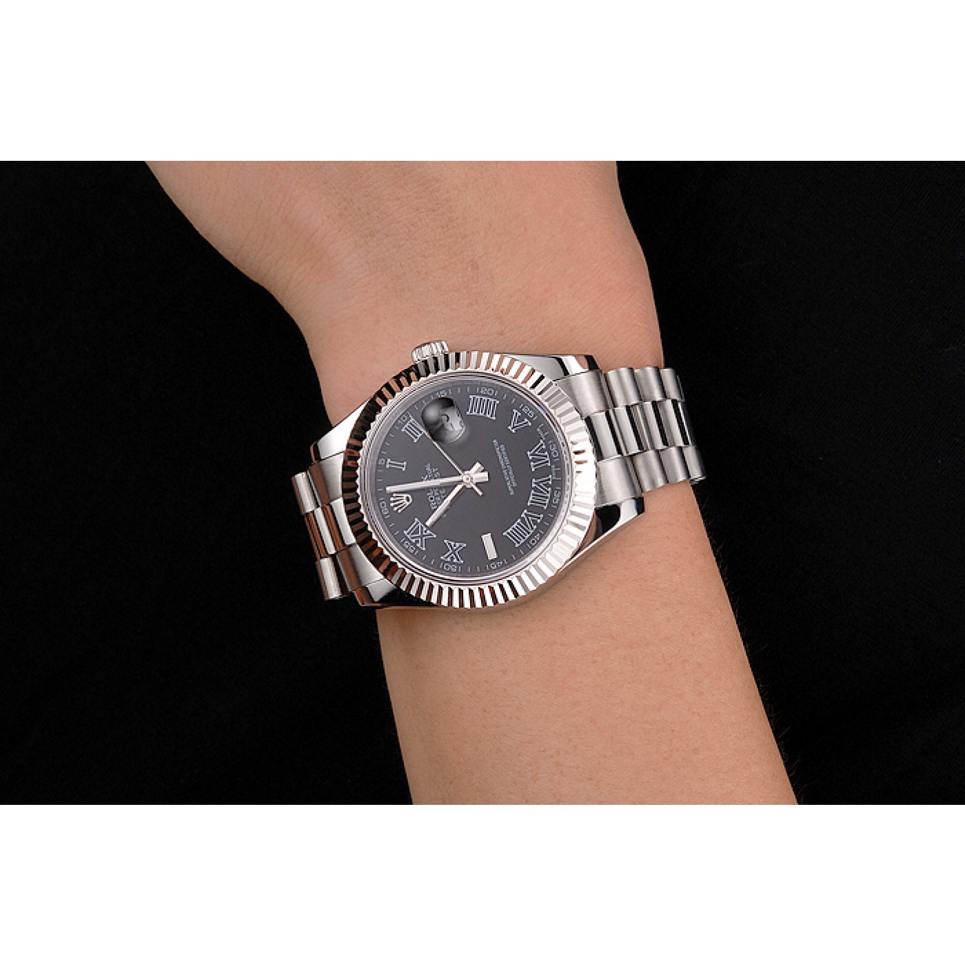 Cheap Swiss Rolex Datejust Black Dial Roman Numerals Stainless Steel Case And Bracelet