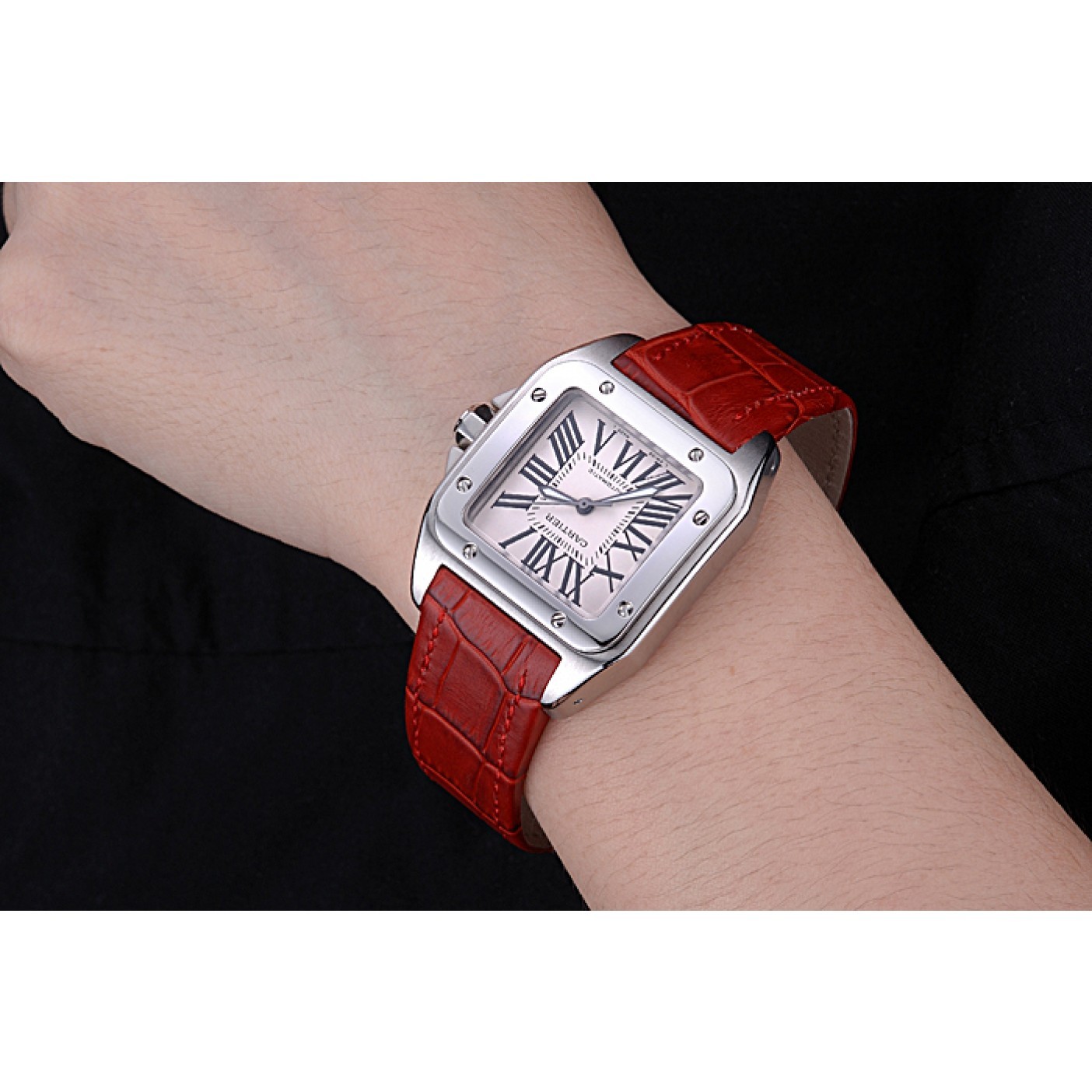 Rep Swiss Cartier Santos White Dial Stainless Steel Case Red Leather Bracelet 622551