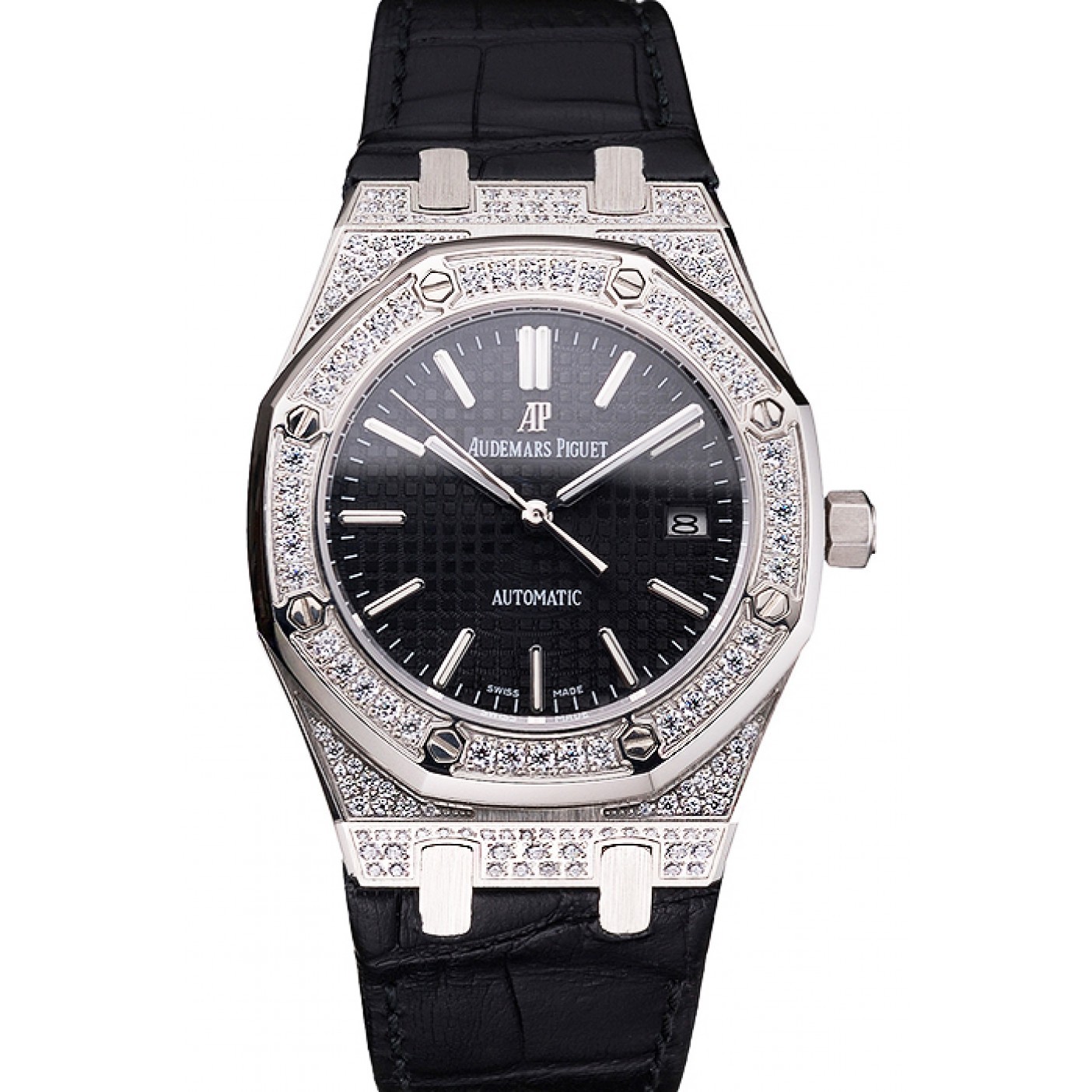 Swiss Audemars Piguet Royal Oak Black Dial Steel Case With Diamonds Black Leather Strap