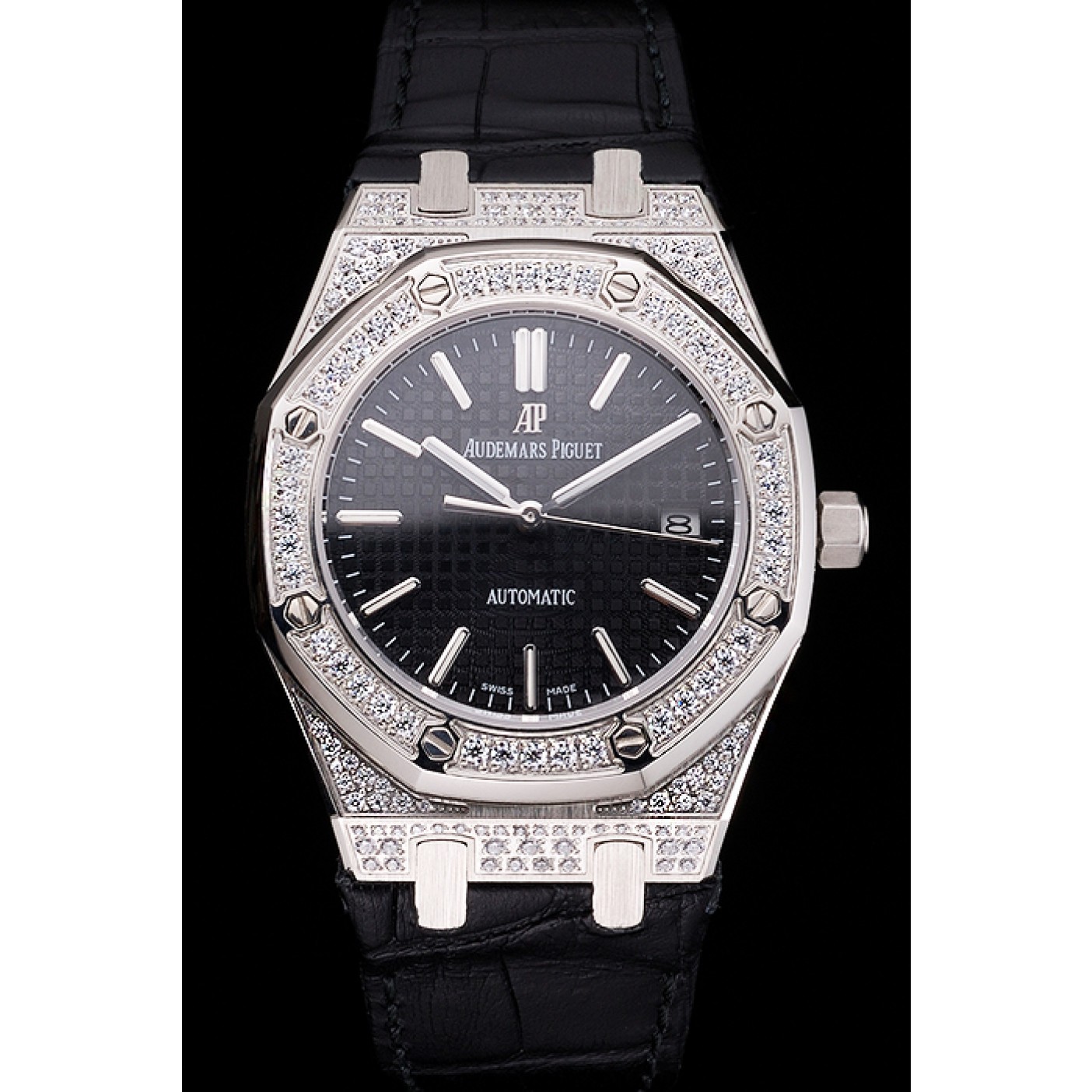 Swiss Audemars Piguet Royal Oak Black Dial Steel Case With Diamonds Black Leather Strap