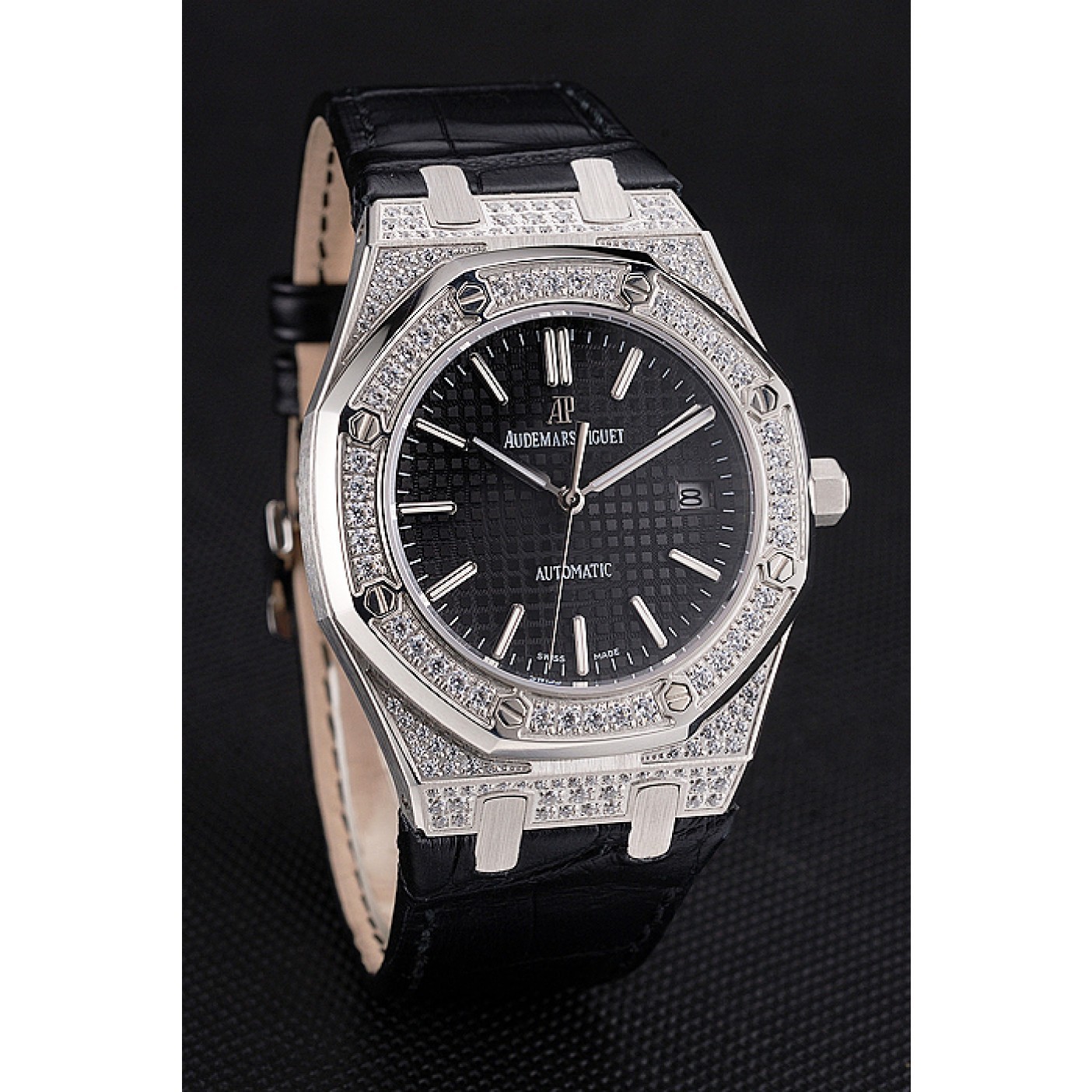 Swiss Audemars Piguet Royal Oak Black Dial Steel Case With Diamonds Black Leather Strap