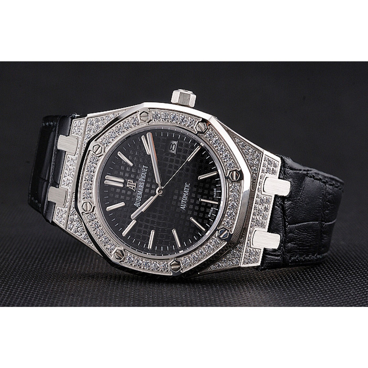 Swiss Audemars Piguet Royal Oak Black Dial Steel Case With Diamonds Black Leather Strap