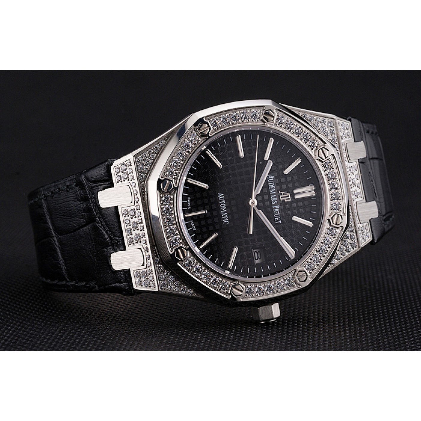 Swiss Audemars Piguet Royal Oak Black Dial Steel Case With Diamonds Black Leather Strap