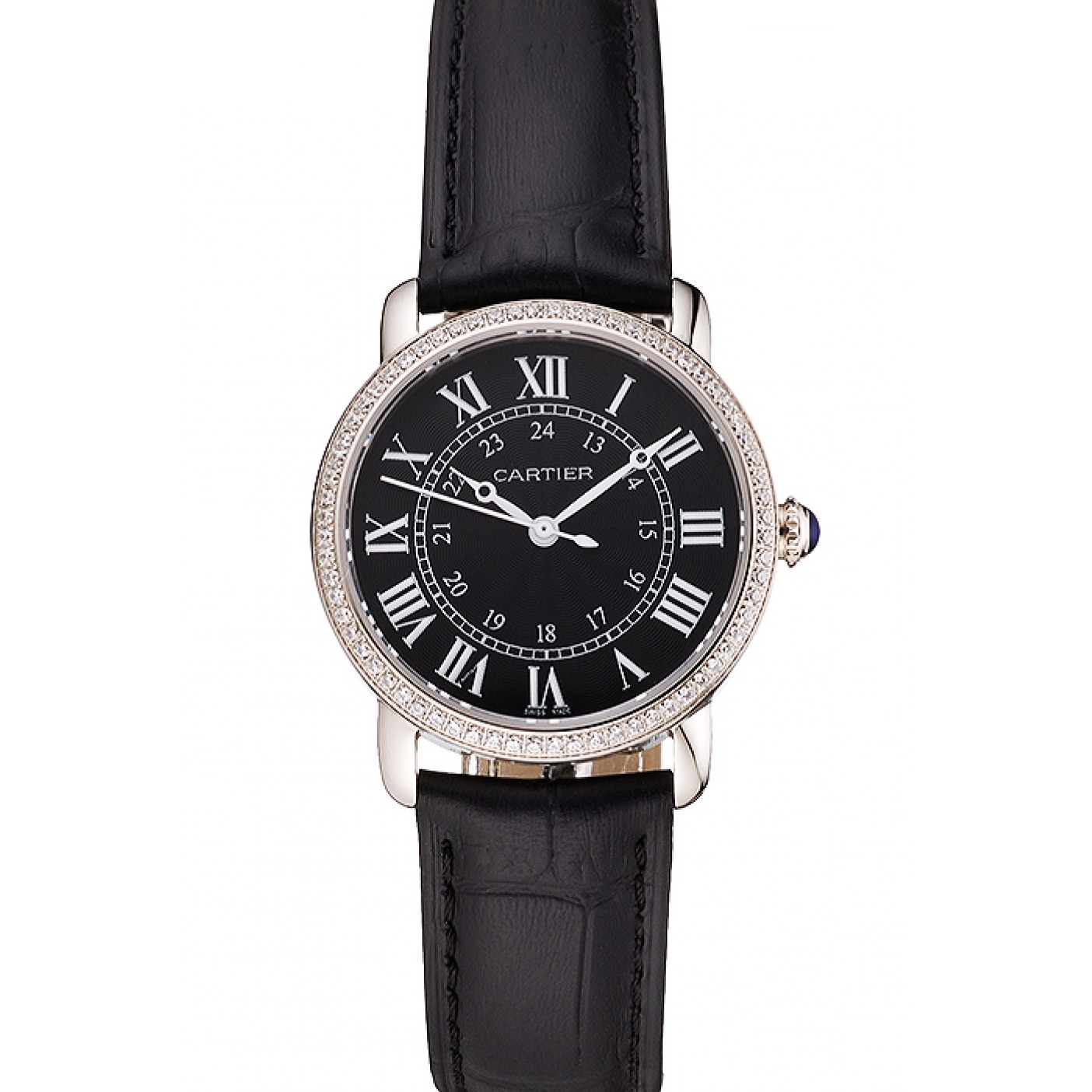 Cartier Ronde Black Dial Diamond Bezel Stainless Steel Case Black Leather Strap