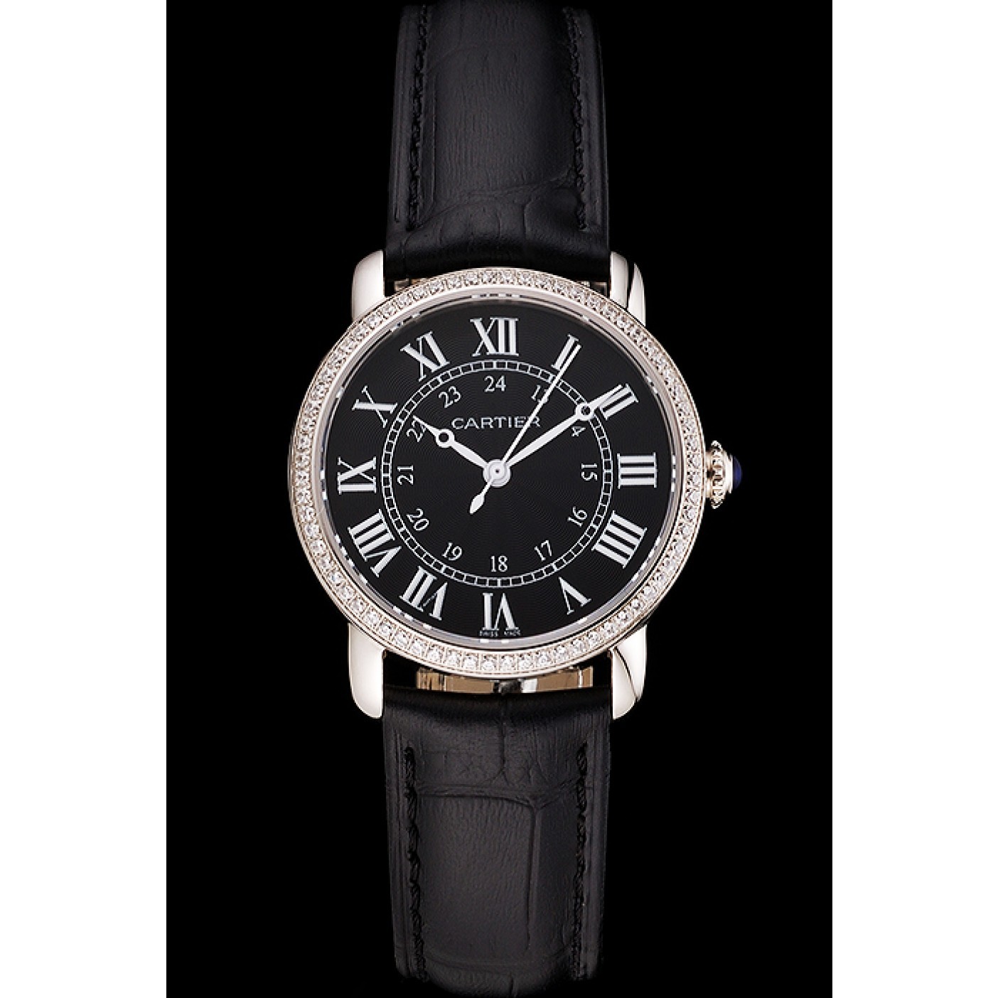 Rep Cartier Ronde Black Dial Diamond Bezel Stainless Steel Case Black Leather Strap