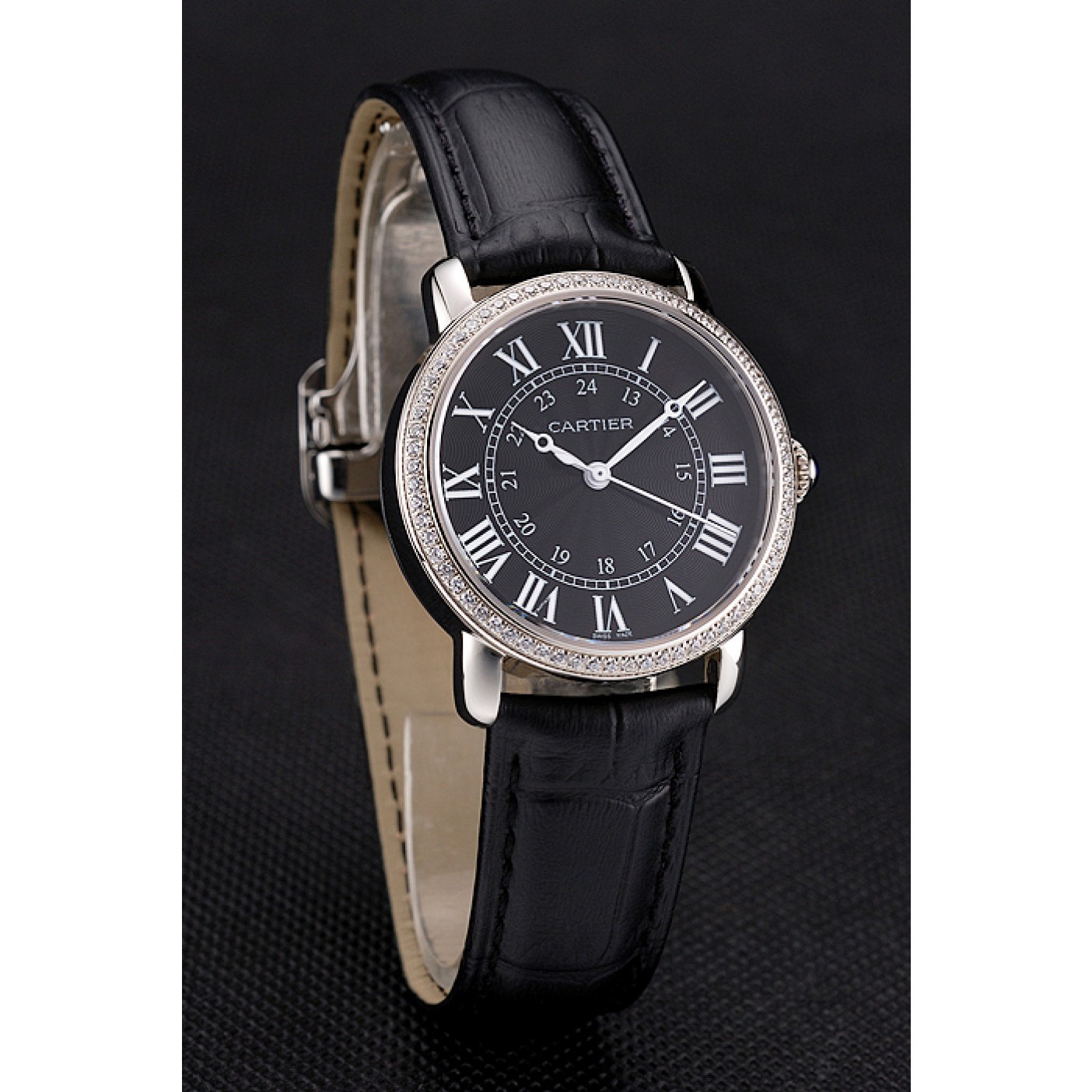 Rep Cartier Ronde Black Dial Diamond Bezel Stainless Steel Case Black Leather Strap