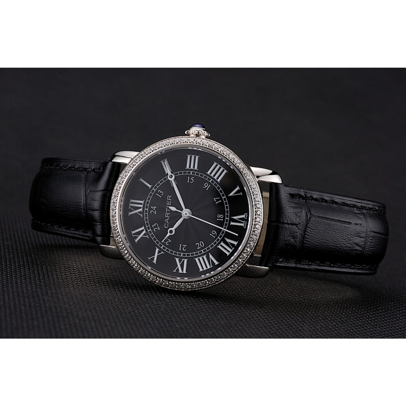 Rep Cartier Ronde Black Dial Diamond Bezel Stainless Steel Case Black Leather Strap